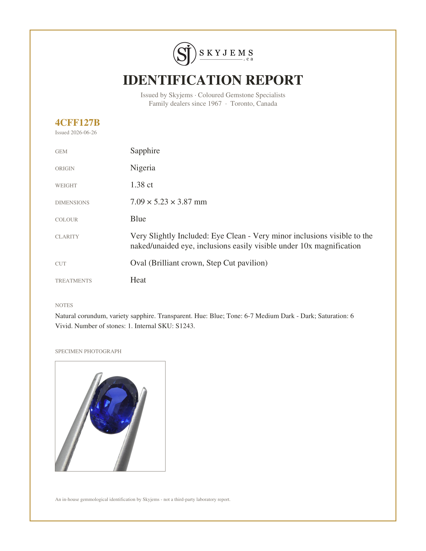 Skyjems Identification Report for S1243 — 1.38ct Oval Blue Sapphire from Nigeria