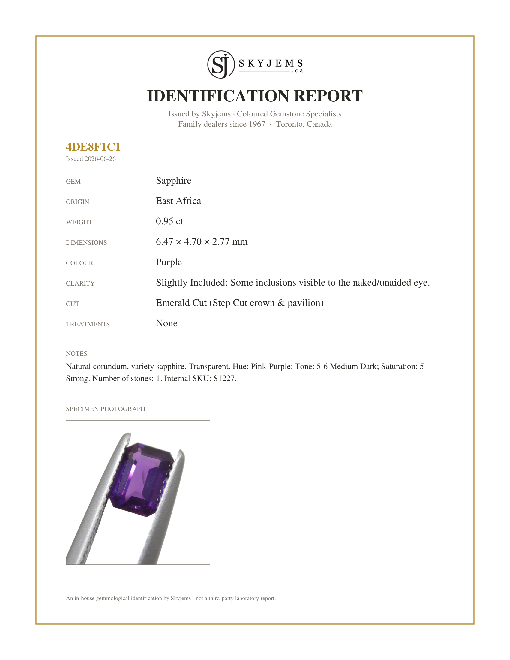 Skyjems Identification Report for S1227 — 0.95ct Emerald Cut Purple Sapphire from East Africa, Unheated