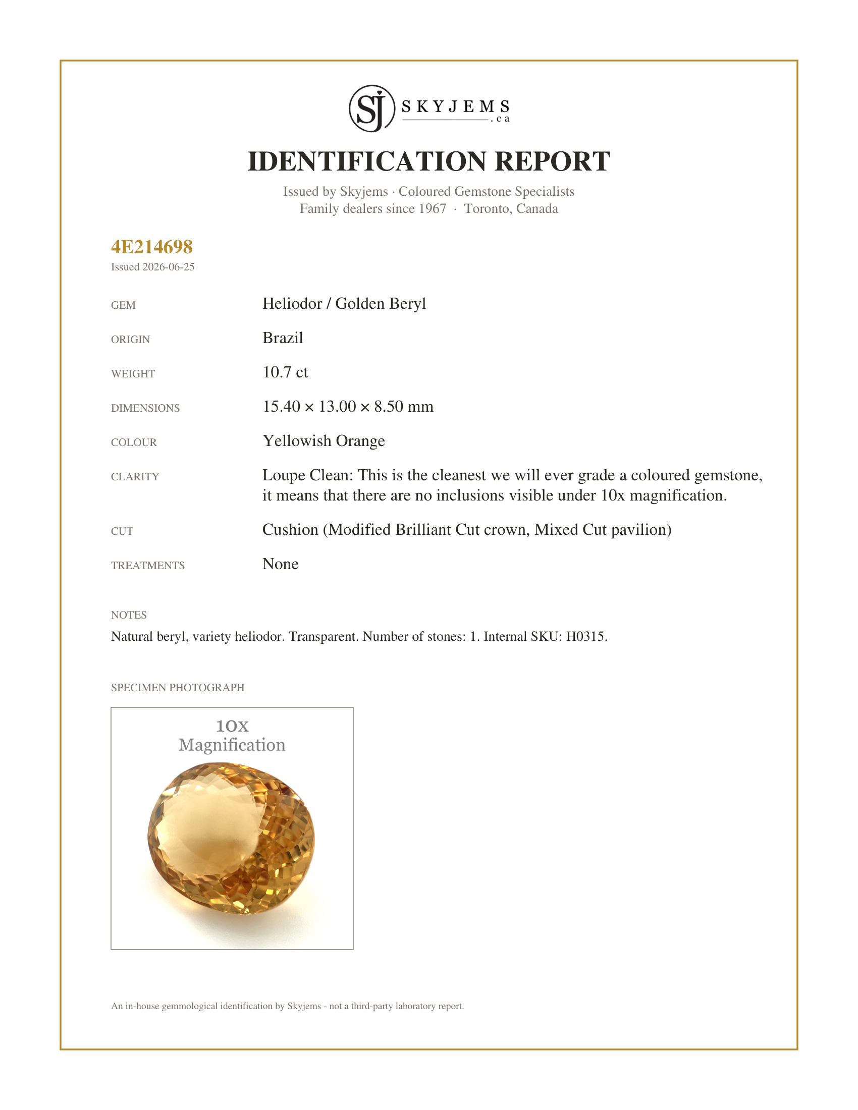 Skyjems Identification Report for H0315 — 10.70ct Cushion Heliodor, Golden Yellow Beryl
