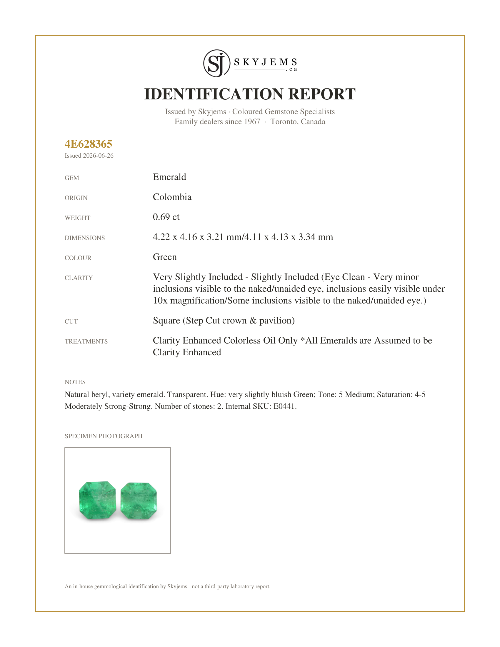 Skyjems Identification Report for E0441 — 0.69ct Pair Square Green Emerald from Colombia
