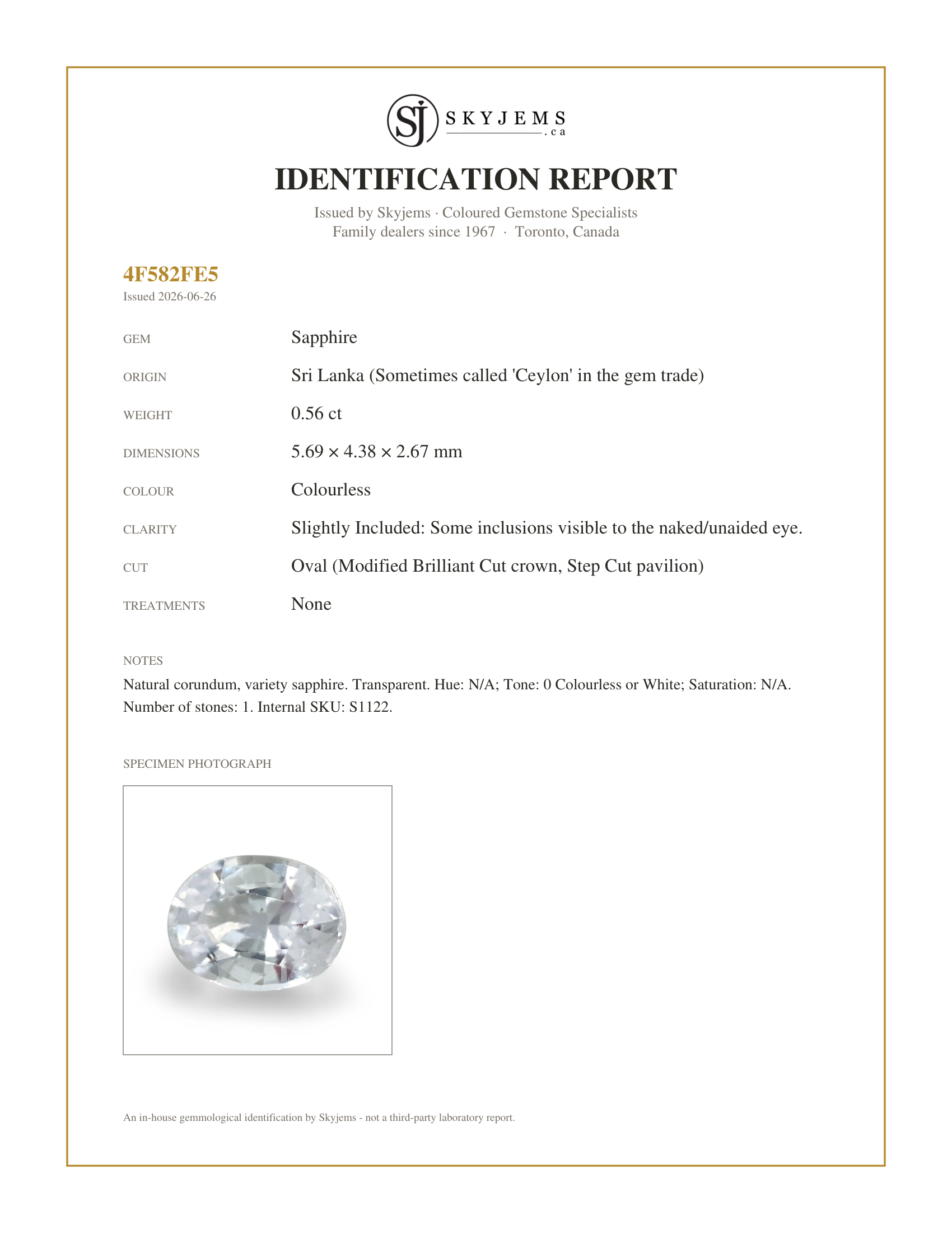 Skyjems Identification Report for S1122 — 0.56ct Oval White Sapphire from Sri Lanka Unheated