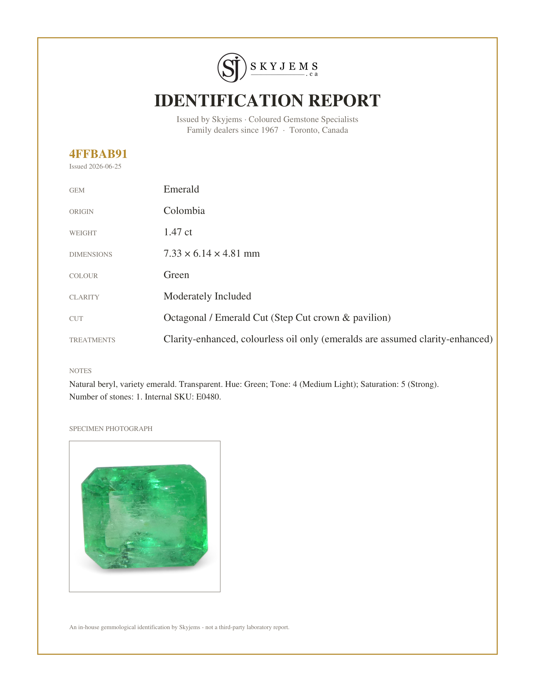 Skyjems Identification Report for E0480 — 1.47ct Colombian green emerald (7.33 × 6.14 × 4.81 mm)