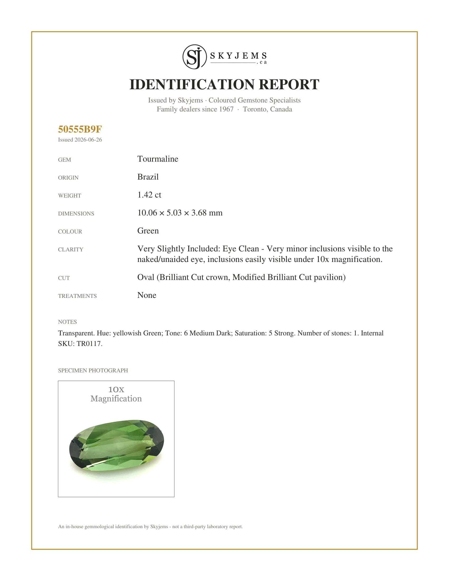 Skyjems Identification Report for TR0117 — 1.42ct Oval yellowish Green Tourmaline