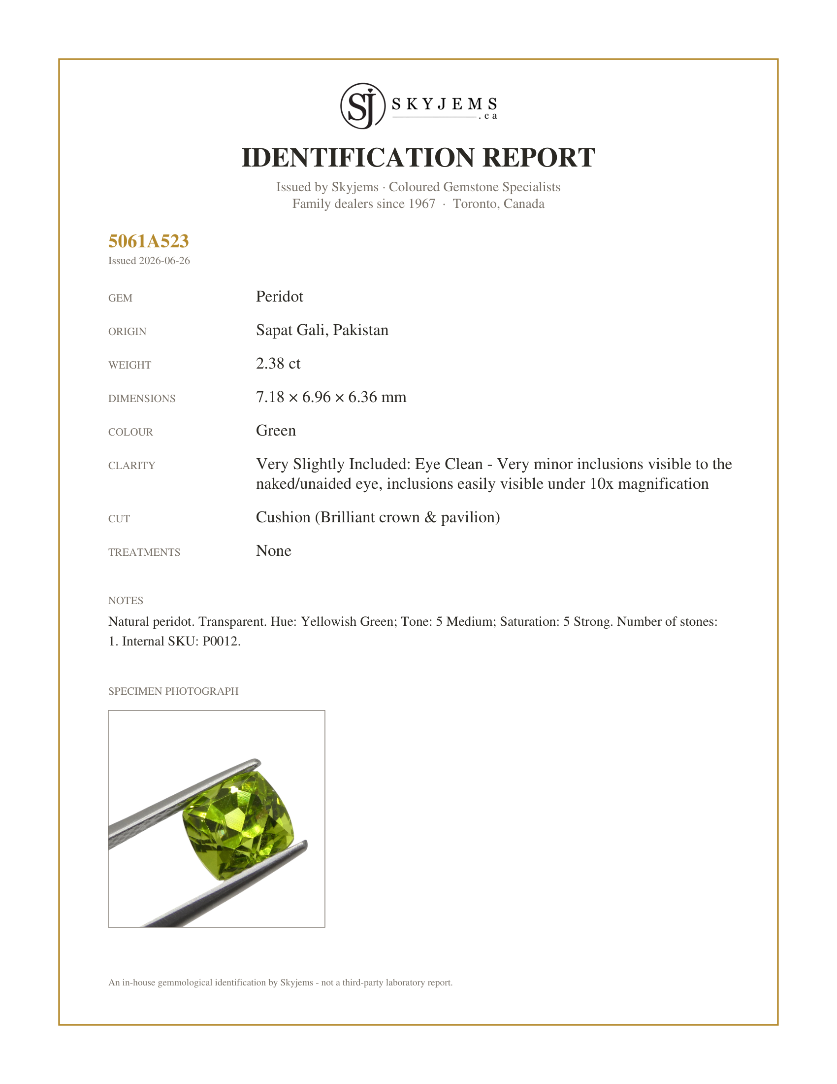 Skyjems Identification Report for P0012 — 2.38ct Cushion Yellowish Green Peridot