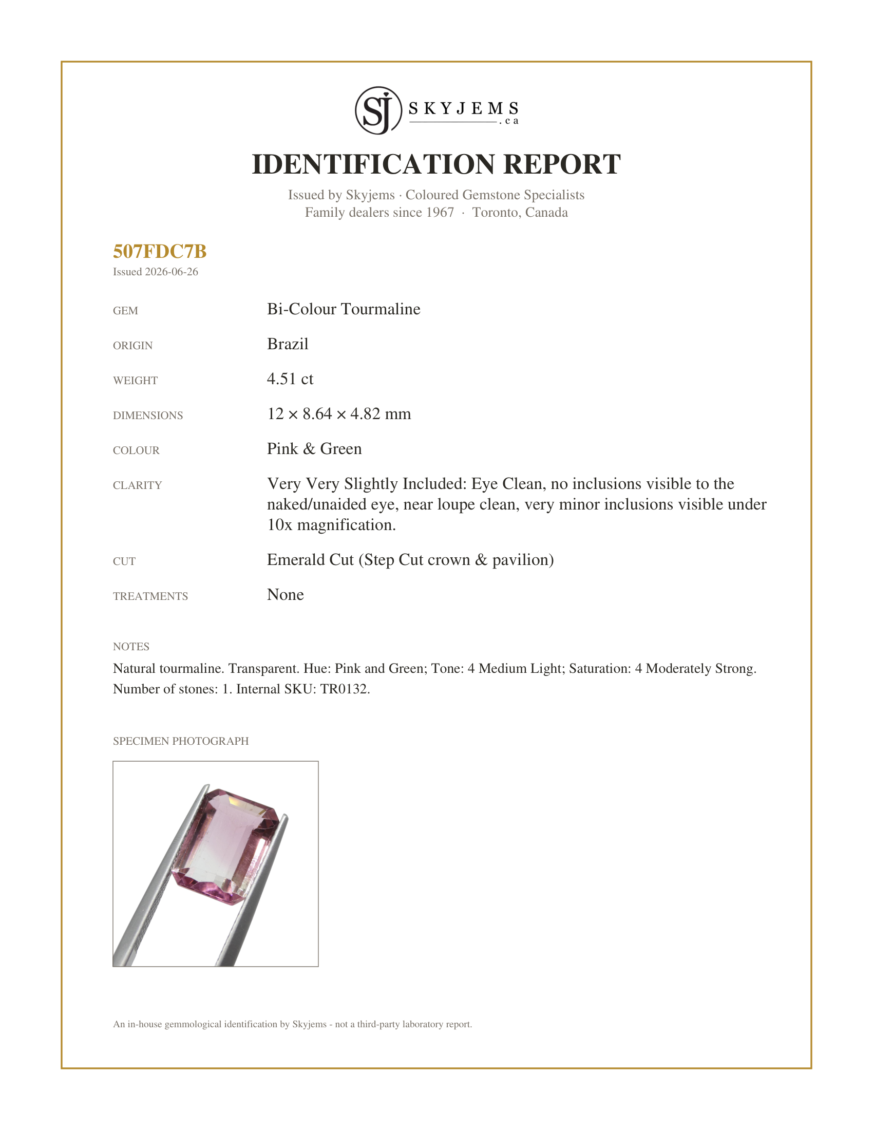 Skyjems Identification Report for TR0132 — 4.51ct Emerald Cut Pink and Green Bi-Colour Tourmaline