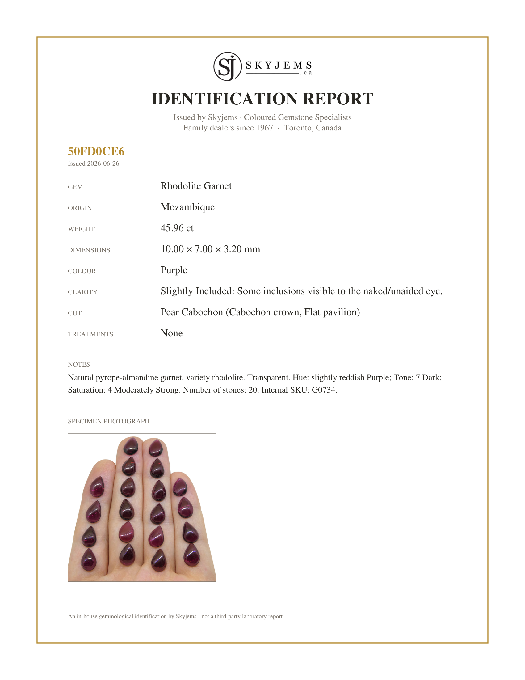 Skyjems Identification Report for G0734 — 45.96ct Pyrope-Almandine Pear Cabochon Purple Rhodolite Garnet from Mozambique Wholesale Lot