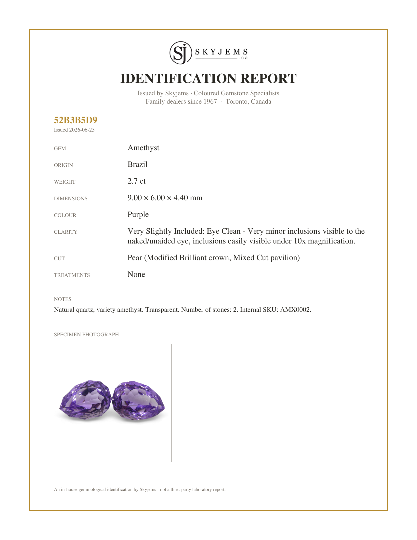 Skyjems Identification Report for AMX0002 — 2.70ct Pear Amethyst 'Hypatia' Fantasy/Fancy Cut Pair