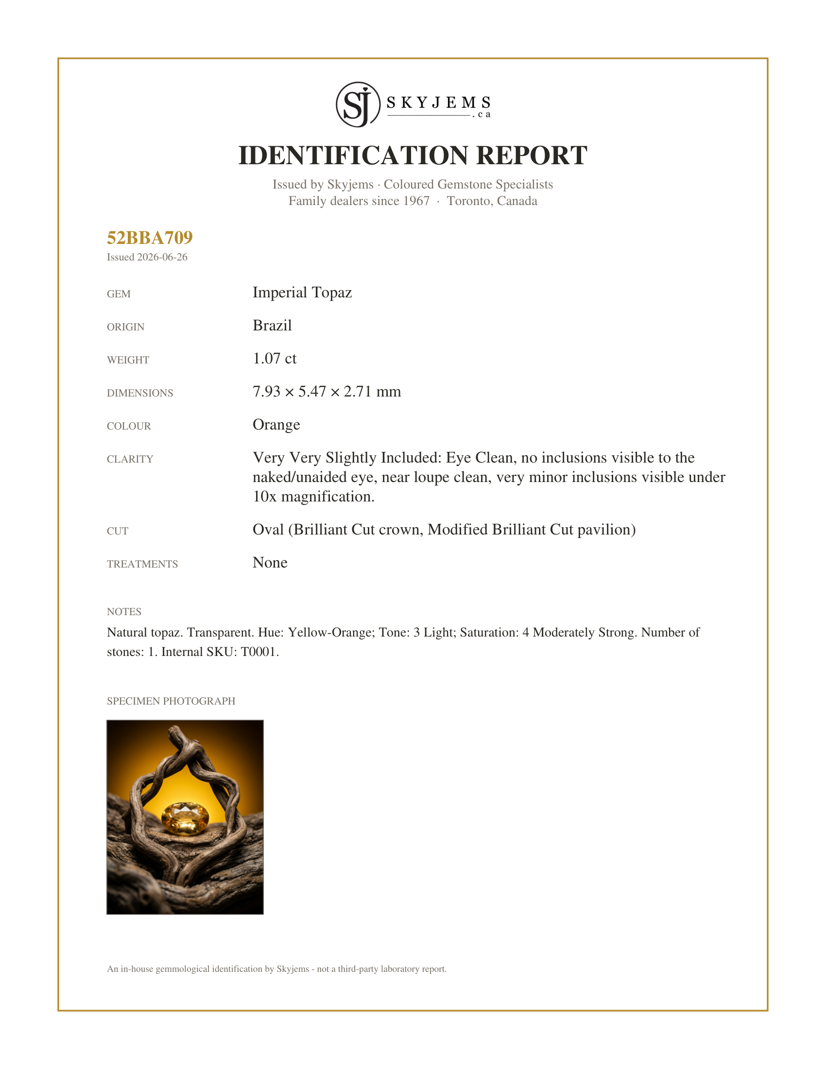 Skyjems Identification Report for T0001 — 1.07ct Oval Orange Imperial Topaz from Brazil Unheated