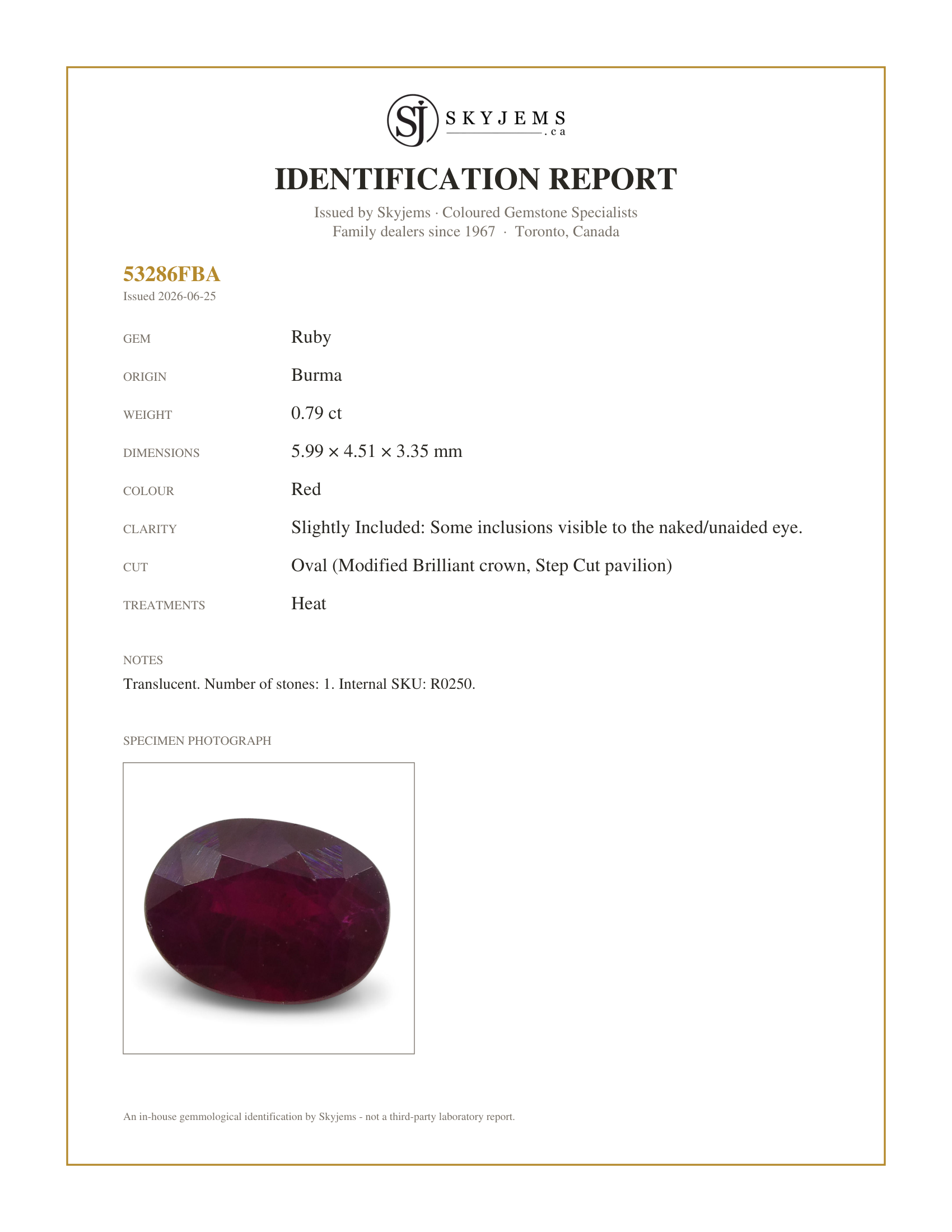 Skyjems Identification Report for R0250 — 0.79 ct Oval Ruby Burma
