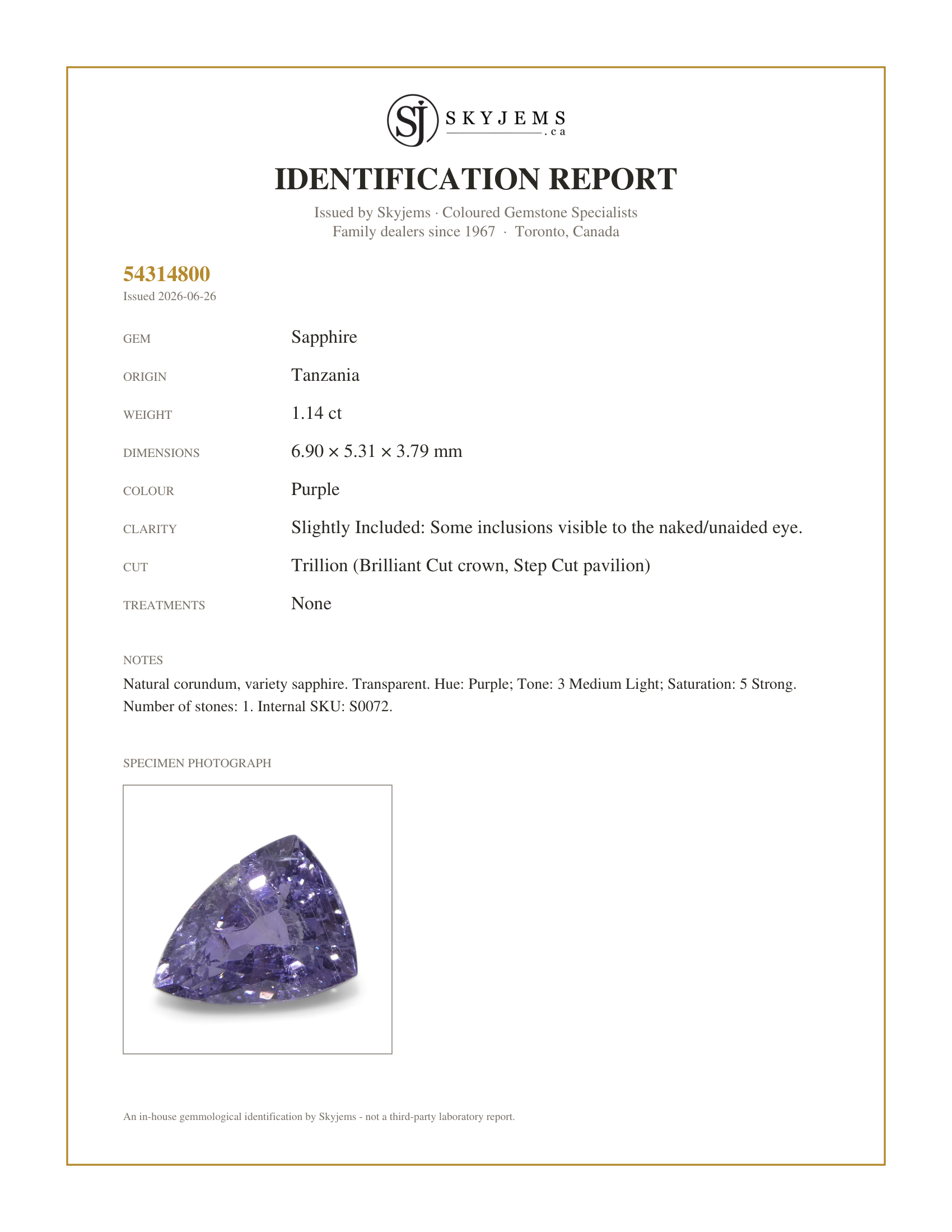 Skyjems Identification Report for S0072 — 1.14ct Trillion Purple Sapphire from Tanzania, Unheated