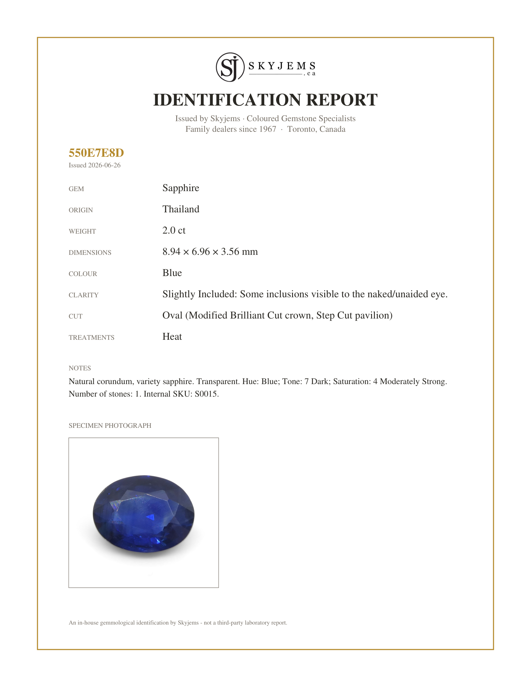 Skyjems Identification Report for S0015 — 2ct Oval Blue Sapphire from Thailand