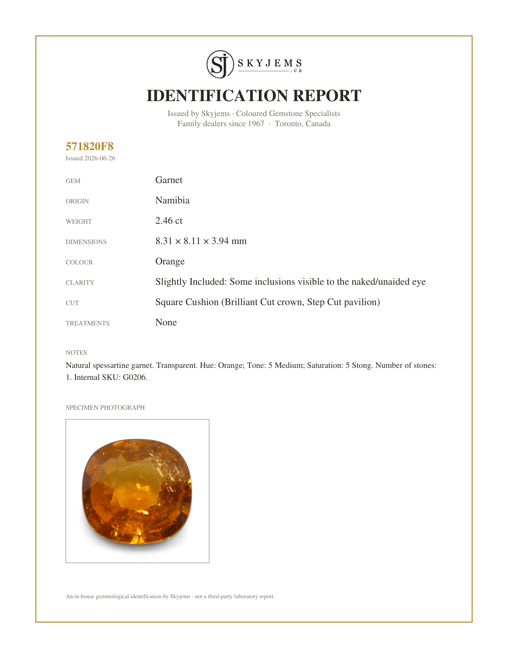 Skyjems Identification Report for G0206 — 2.46ct Square Cushion Fanta Orange Mandarin Spessartite/Spessartine Garnet from Namibia