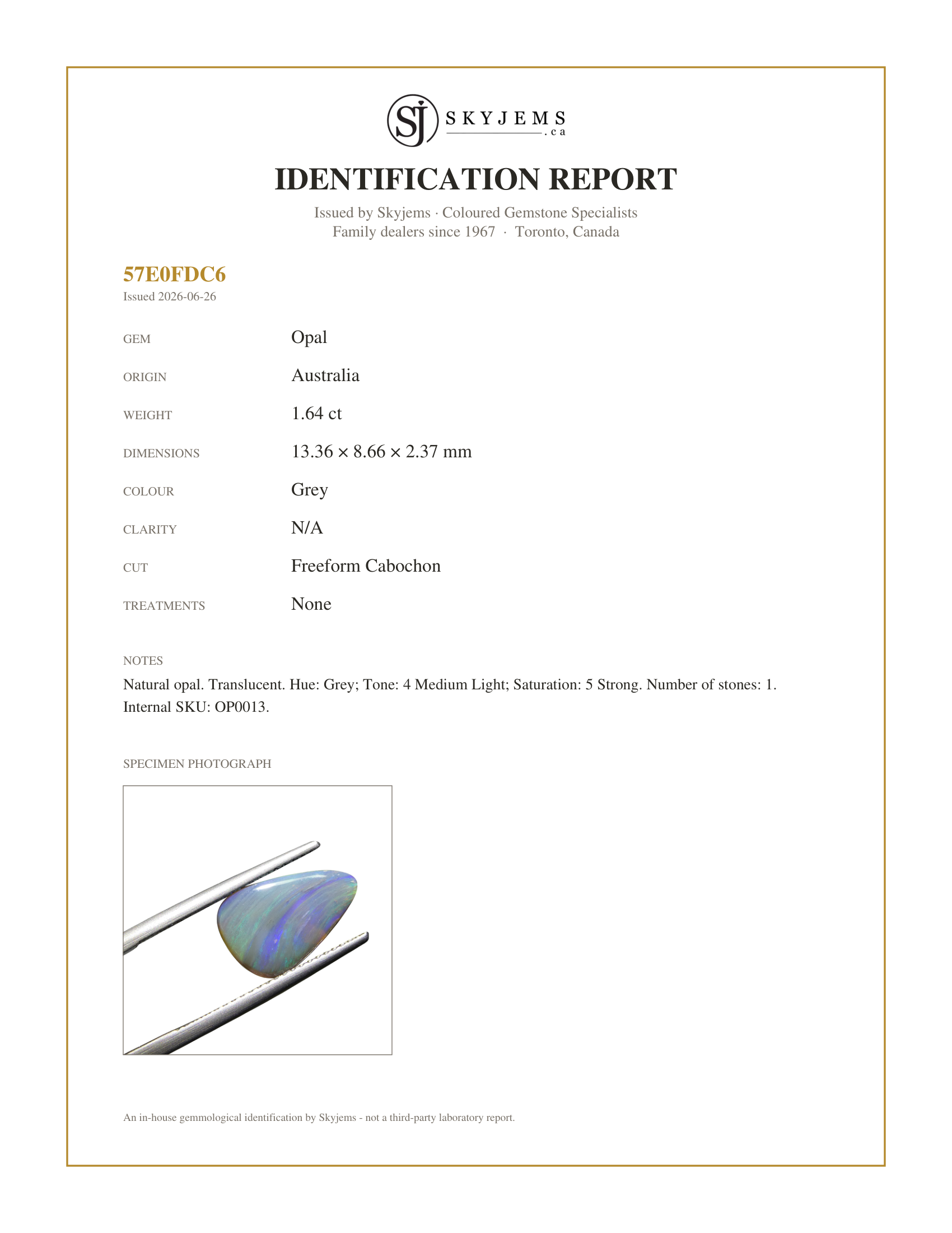 Skyjems Identification Report for OP0013 — 1.64ct Freeform Cabochon Grey Opal from Australia