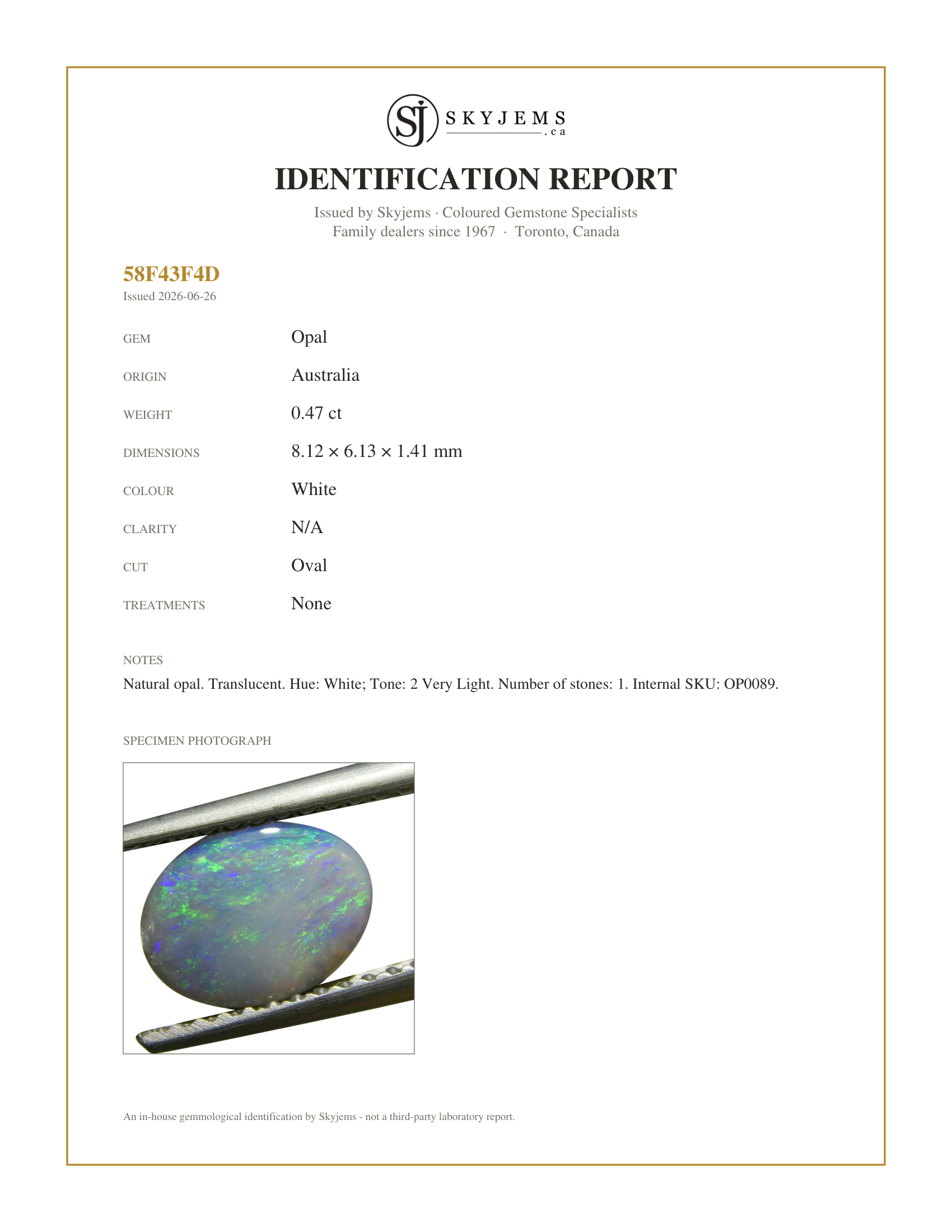 Skyjems Identification Report for OP0089 — 0.47ct Oval Cabochon White Opal from Australia