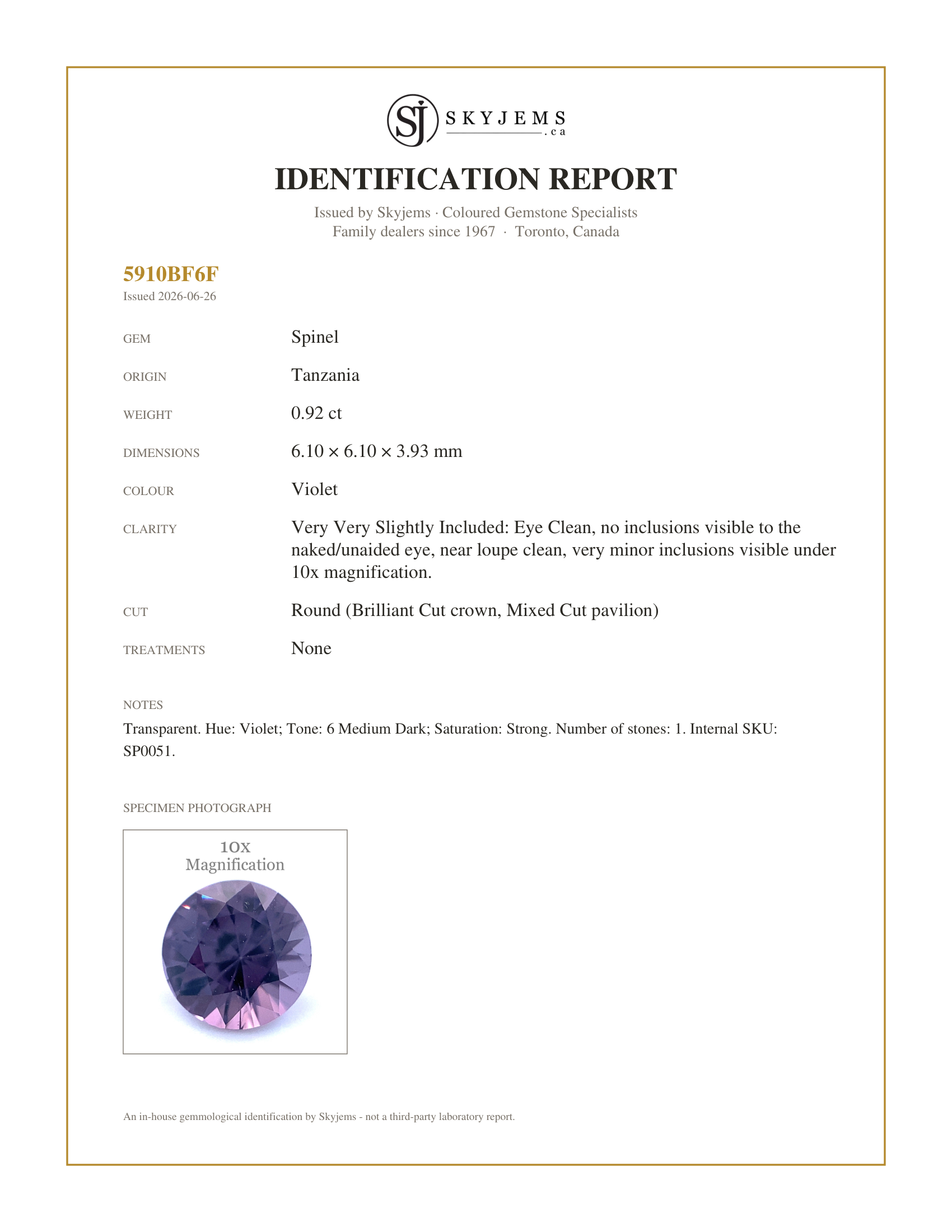 Skyjems Identification Report for SP0051 — 0.92ct Round Violet Spinel