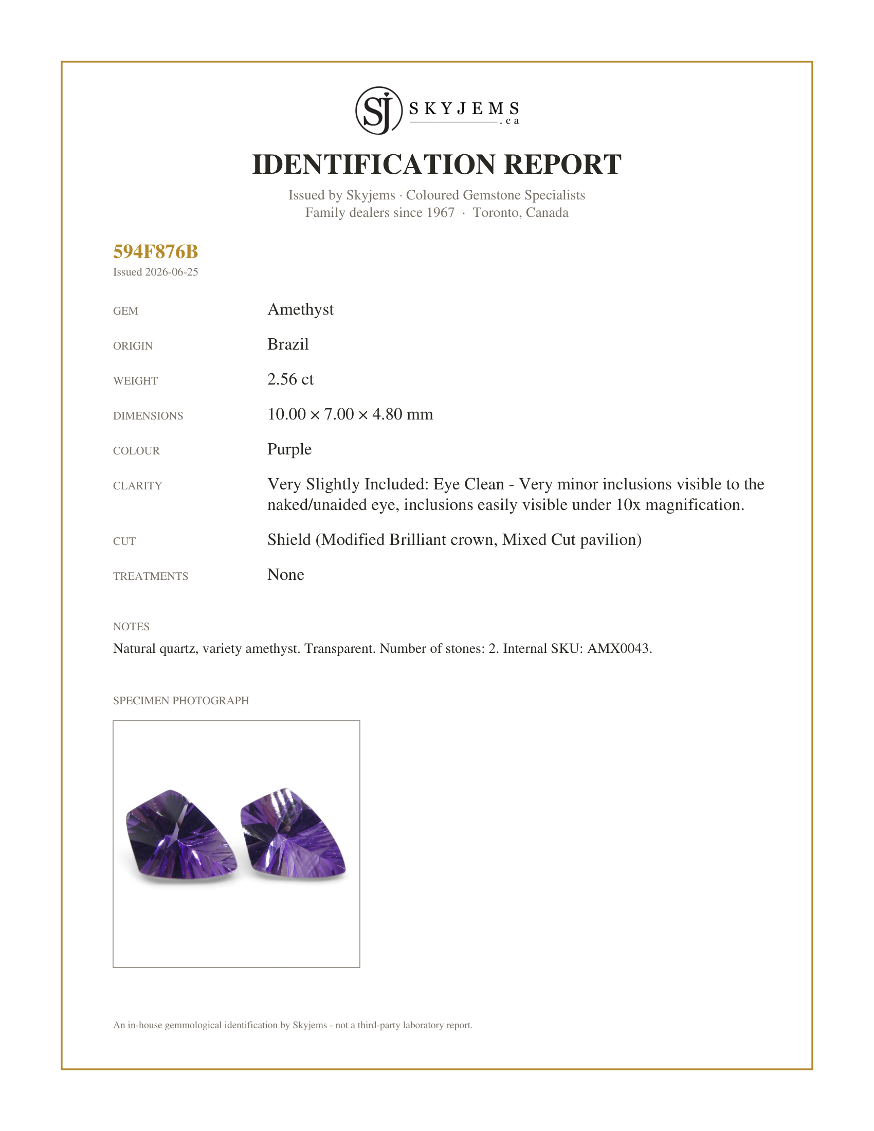 Skyjems Identification Report for AMX0043 — 2.56ct Shield Amethyst 'Eleanor' Fantasy/Fancy Cut Pair