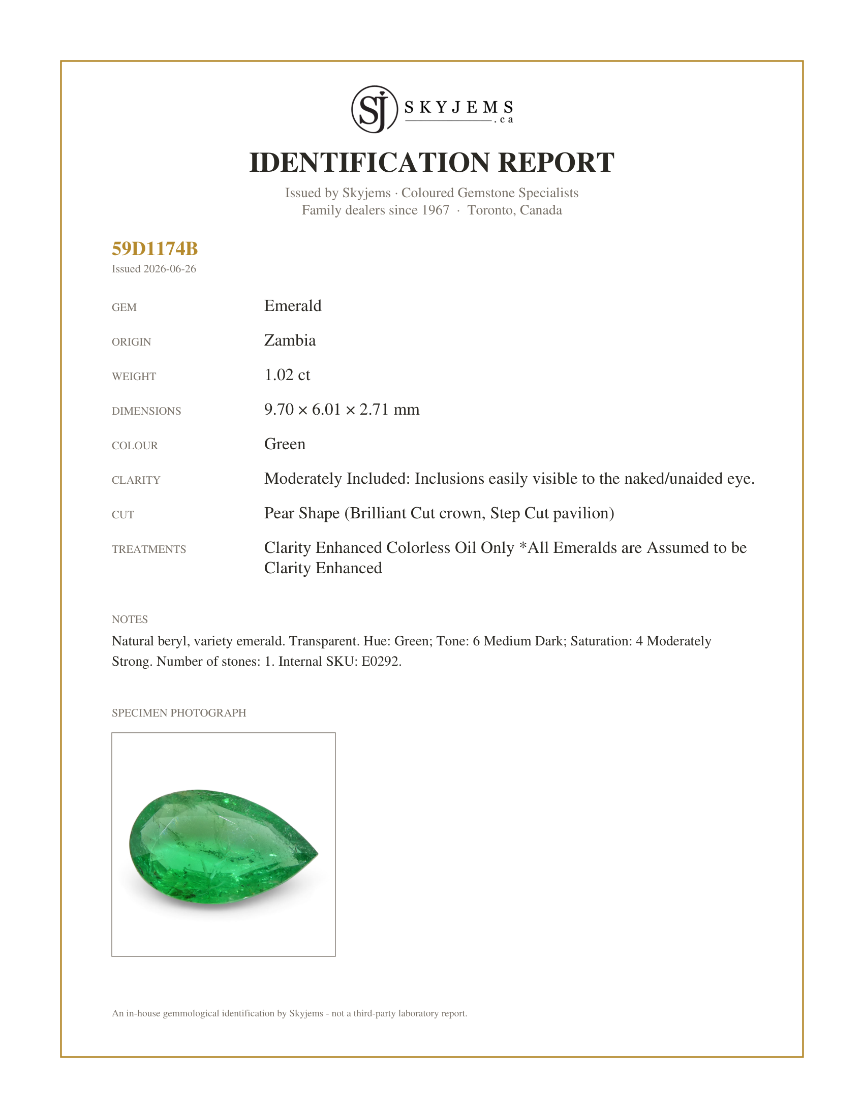 Skyjems Identification Report for E0292 — 1.02ct Pear Shape Green Emerald from Zambia