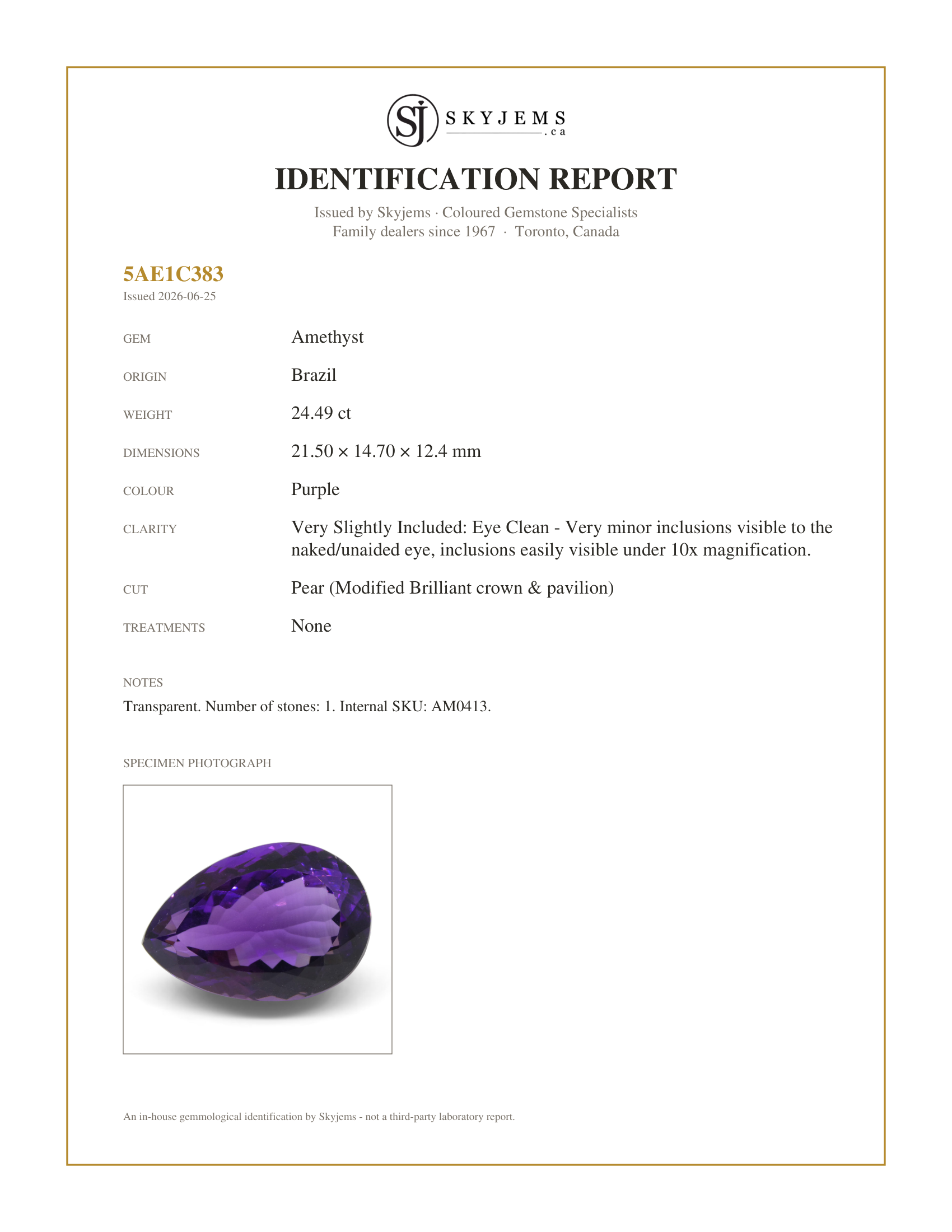 Skyjems Identification Report for AM0413 — 24.49 ct Pear Amethyst