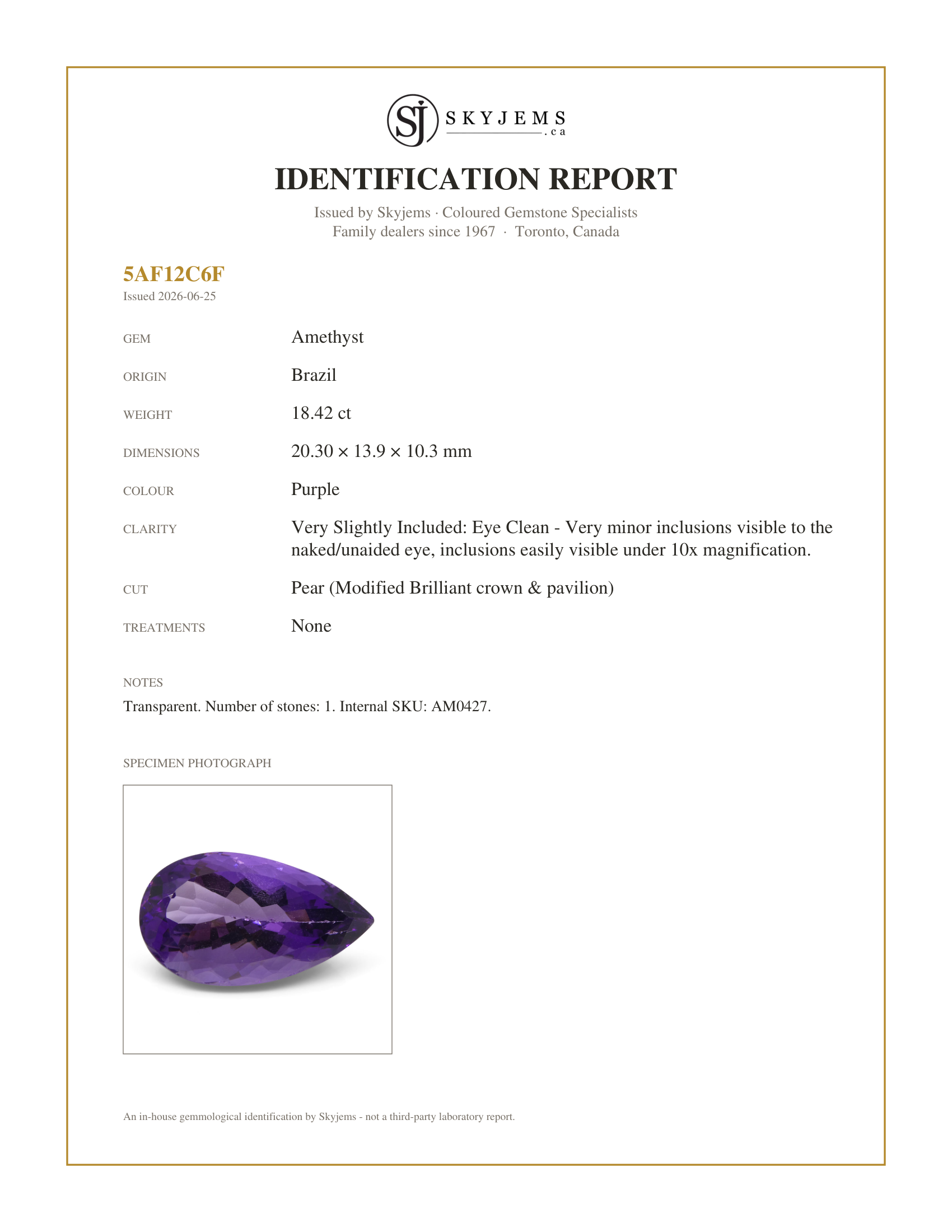 Skyjems Identification Report for AM0427 — 18.42 ct Pear Amethyst