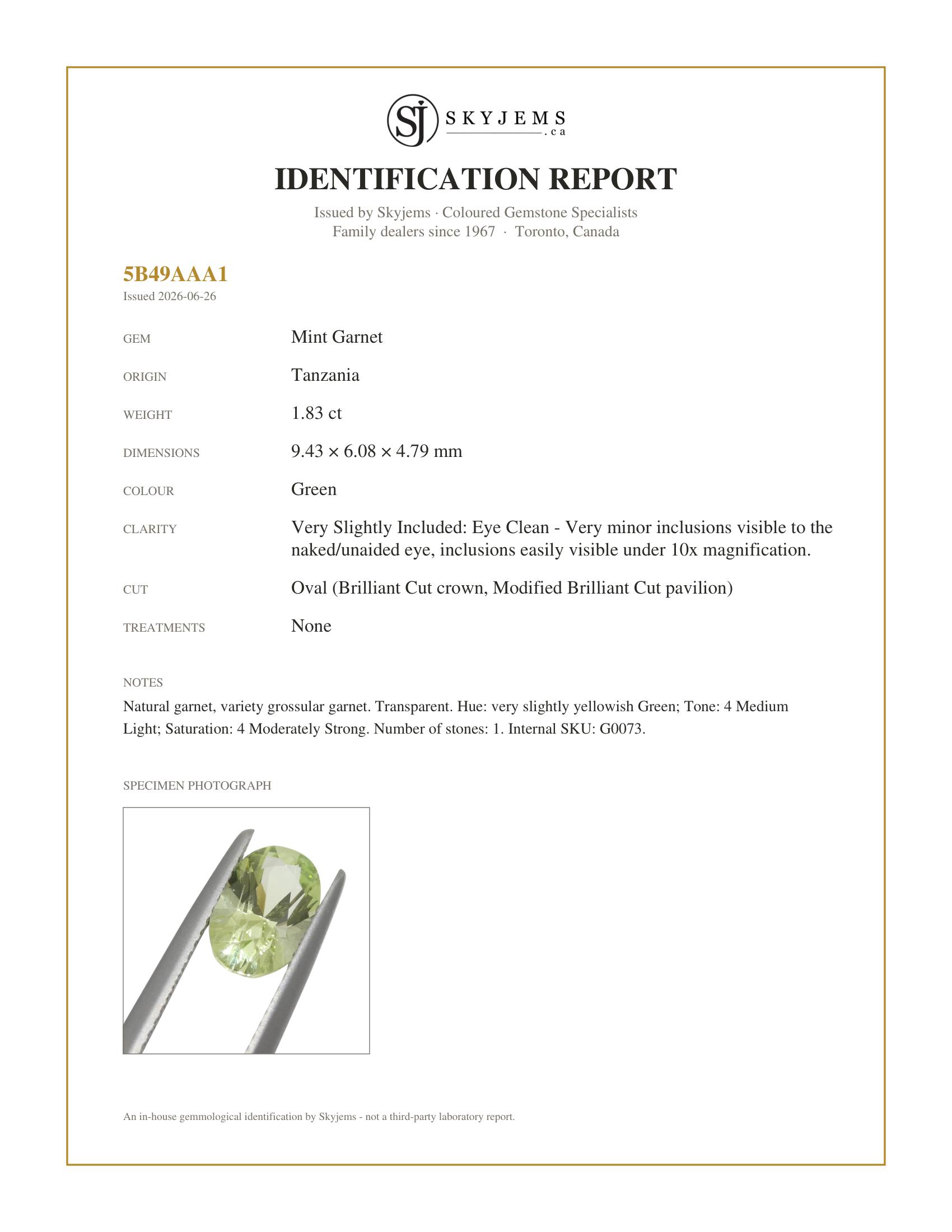 Skyjems Identification Report for G0073 — 1.83ct Oval Green Merelani Mint Tsavorite Garnet from Tanzania