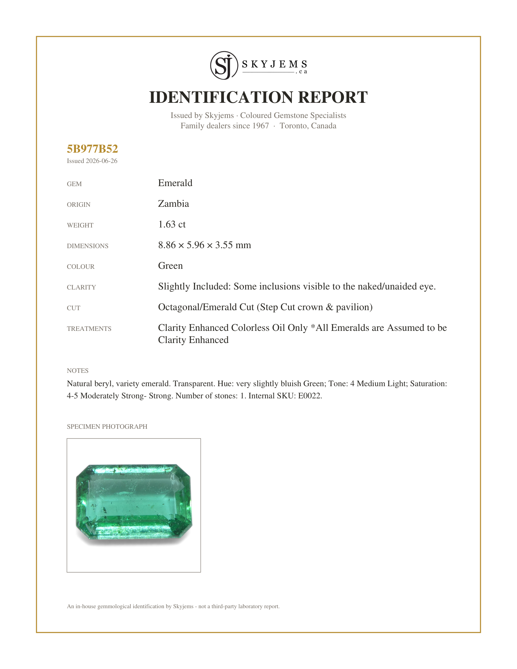 Skyjems Identification Report for E0022 — 1.63ct Octagonal/Emerald Cut Green Emerald from Zambia