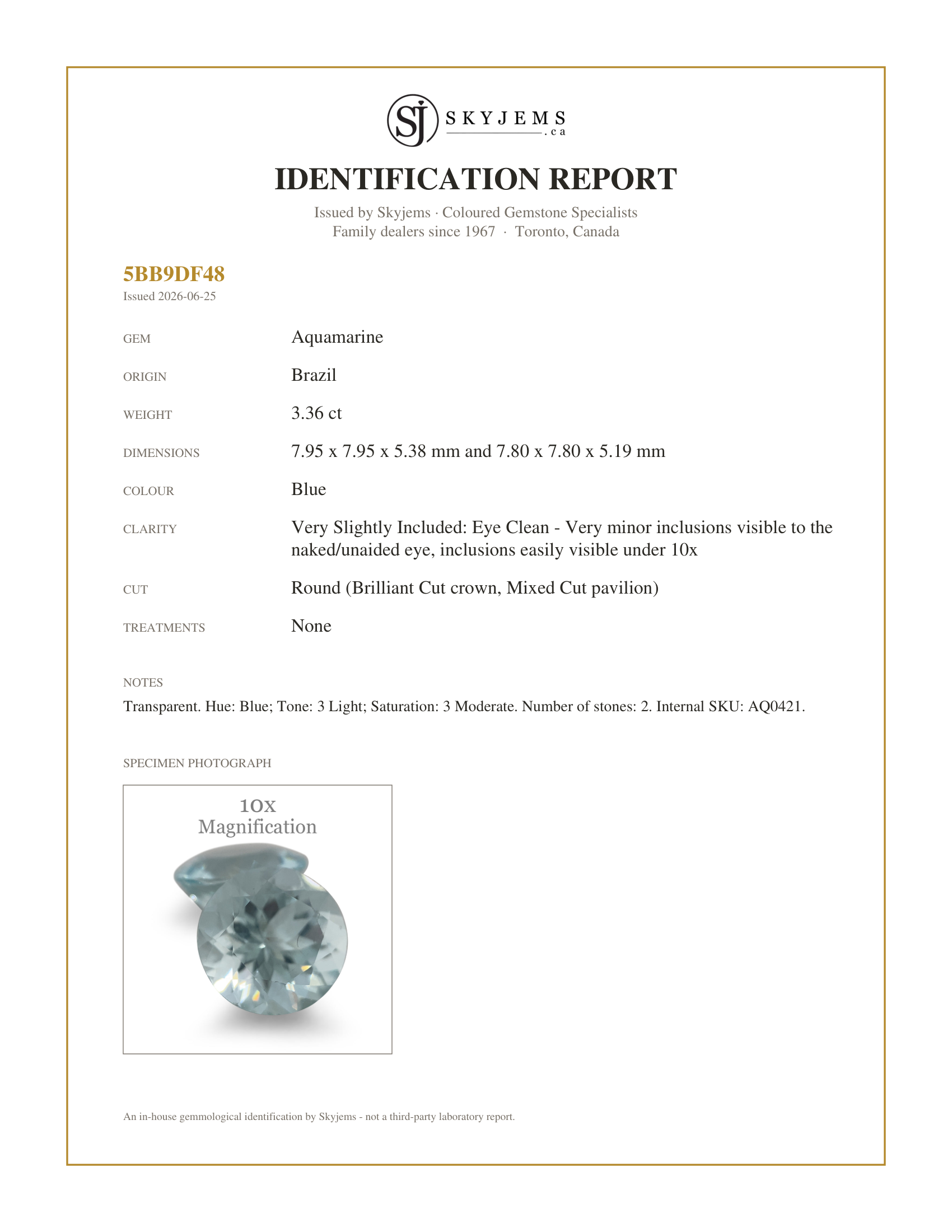 Skyjems Identification Report for AQ0421 — 3.36ct Round Aquamarine Pair