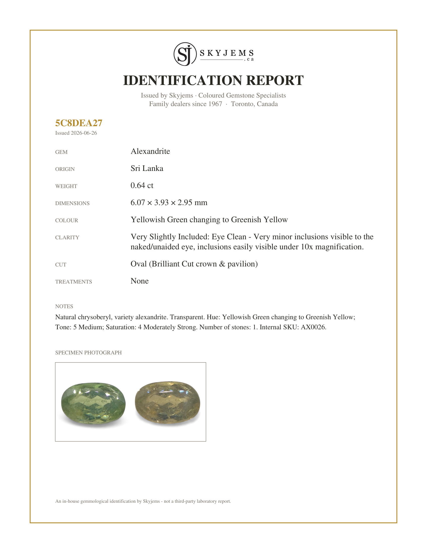 Skyjems Identification Report for AX0026 — 0.64ct Oval Yellowish Green to Greenish Yellow Alexandrite from Sri Lanka, Unheated
