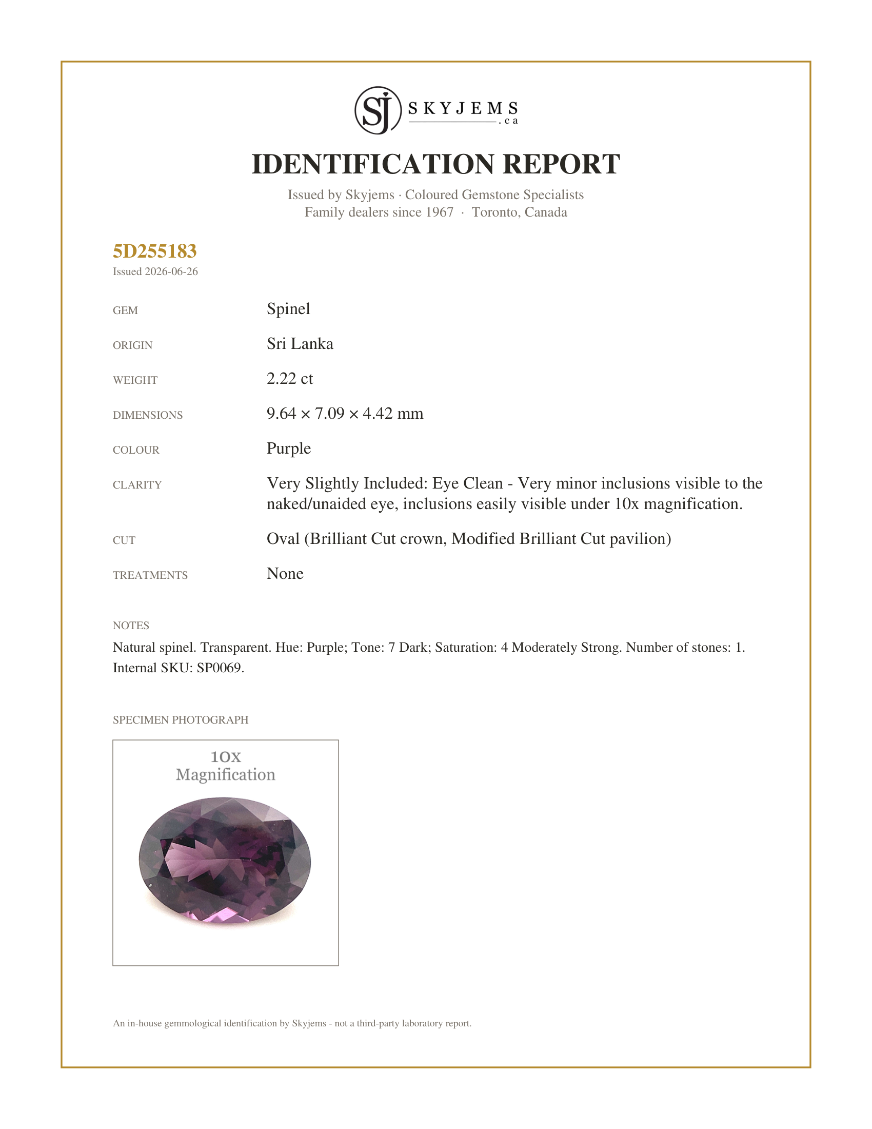 Skyjems Identification Report for SP0069 — 2.22ct Oval Purple Spinel from Sri Lanka Unheated
