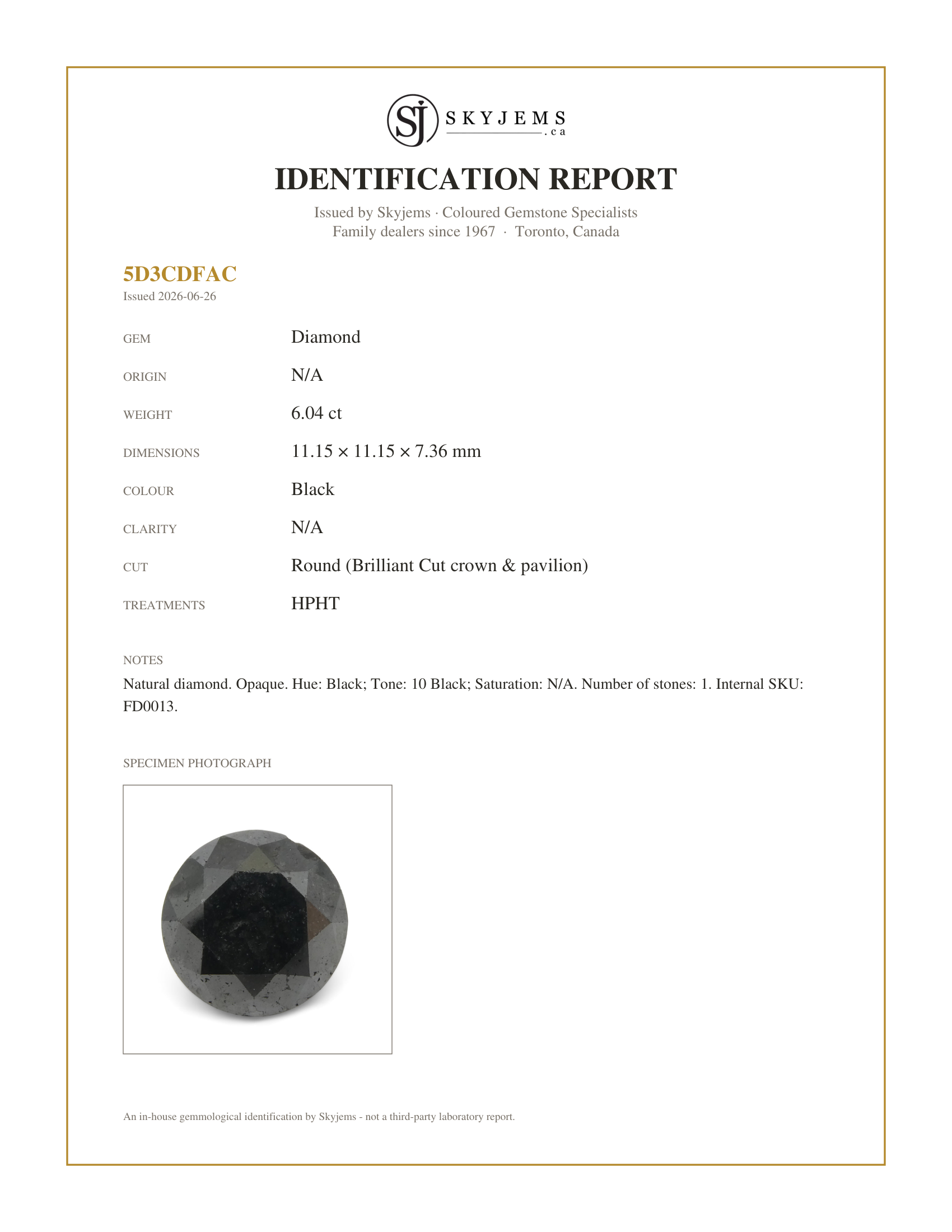 Skyjems Identification Report for FD0013 — 6.04ct Round Brilliant Cut Black Diamond
