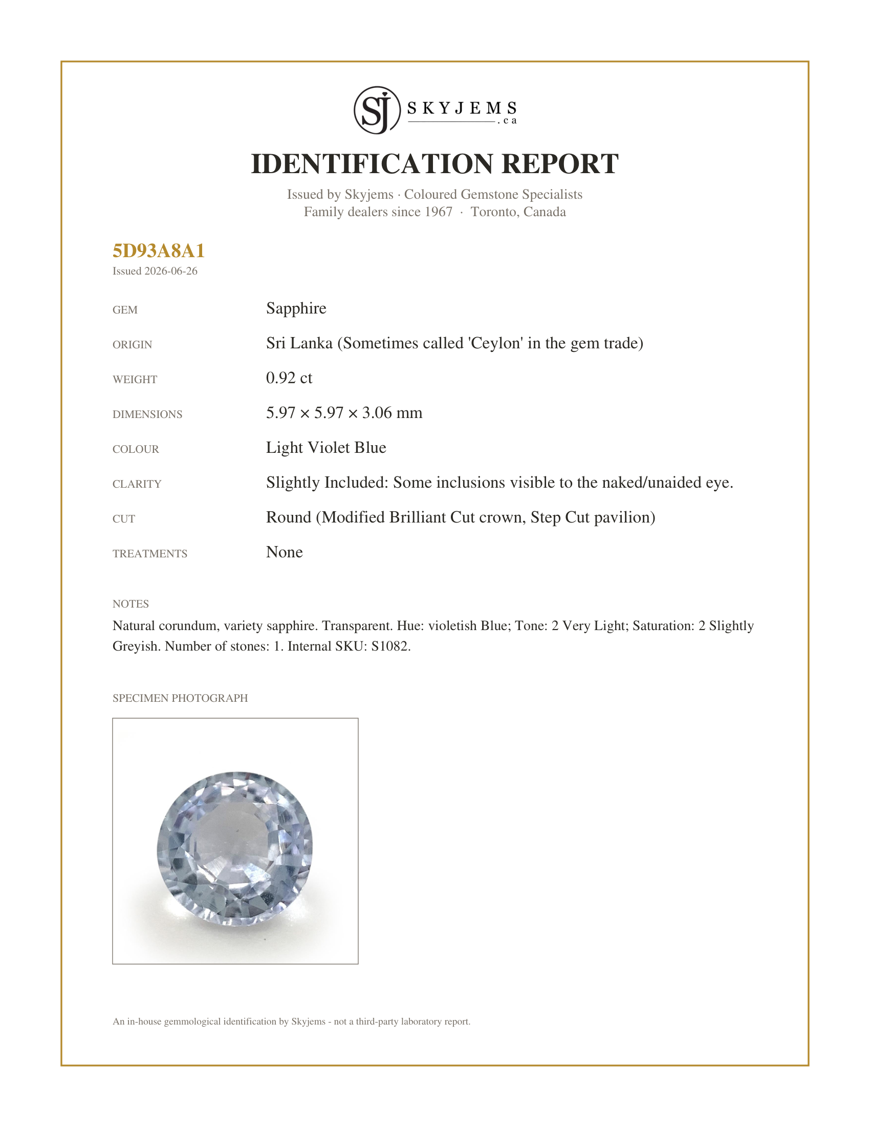 Skyjems Identification Report for S1082 — 0.92ct Round Icy Blue Sapphire from Sri Lanka Unheated