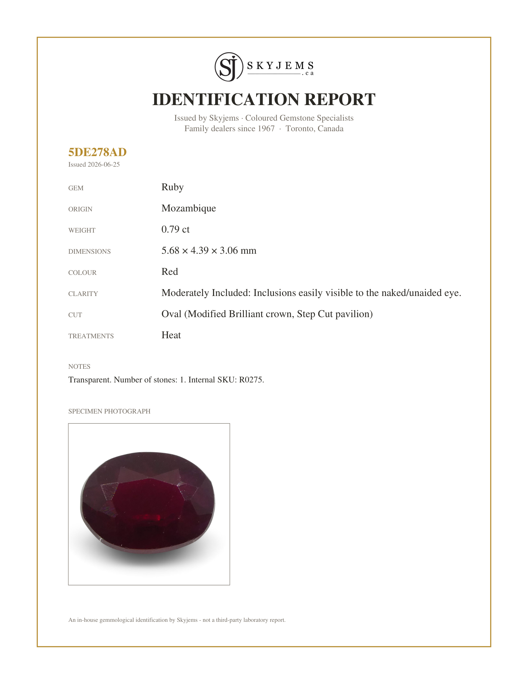 Skyjems Identification Report for R0275 — 0.79 ct Oval Ruby Mozambique