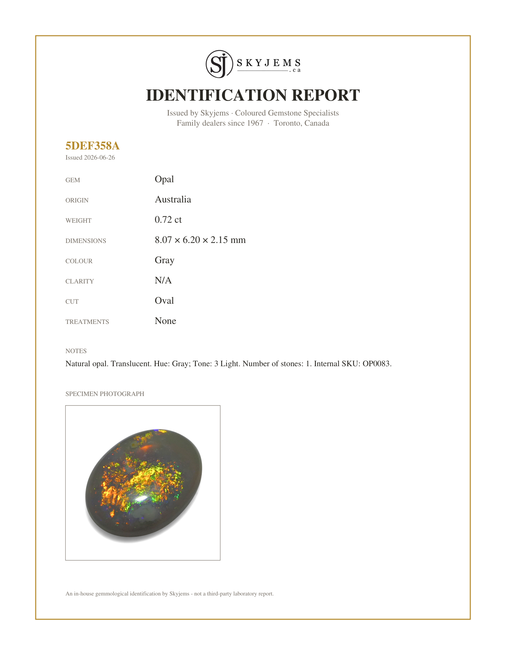 Skyjems Identification Report for OP0083 — 0.72ct Oval Cabochon Gray Opal from Australia