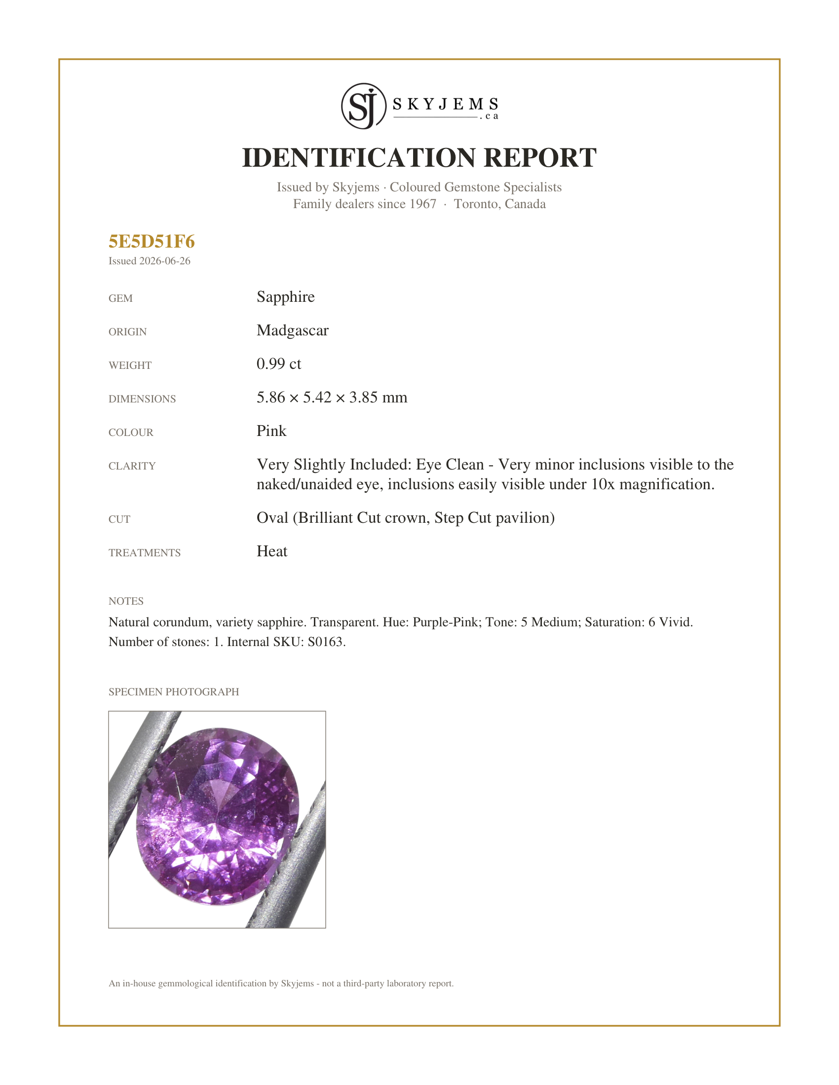 Skyjems Identification Report for S0163 — 0.99ct Oval Purple-Pink Sapphire from Madgascar