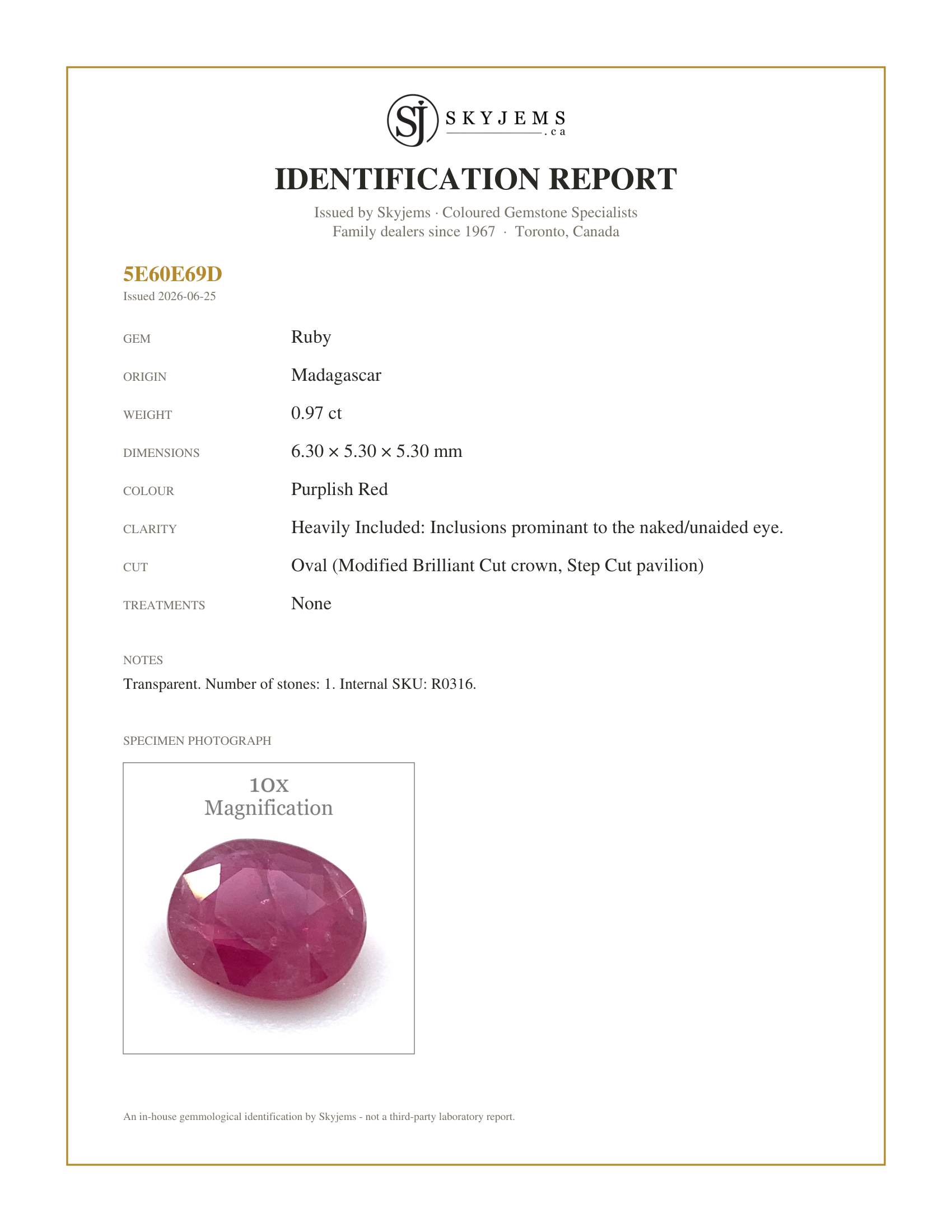 Skyjems Identification Report for R0316 — 0.97ct Oval Red Ruby Unheated
