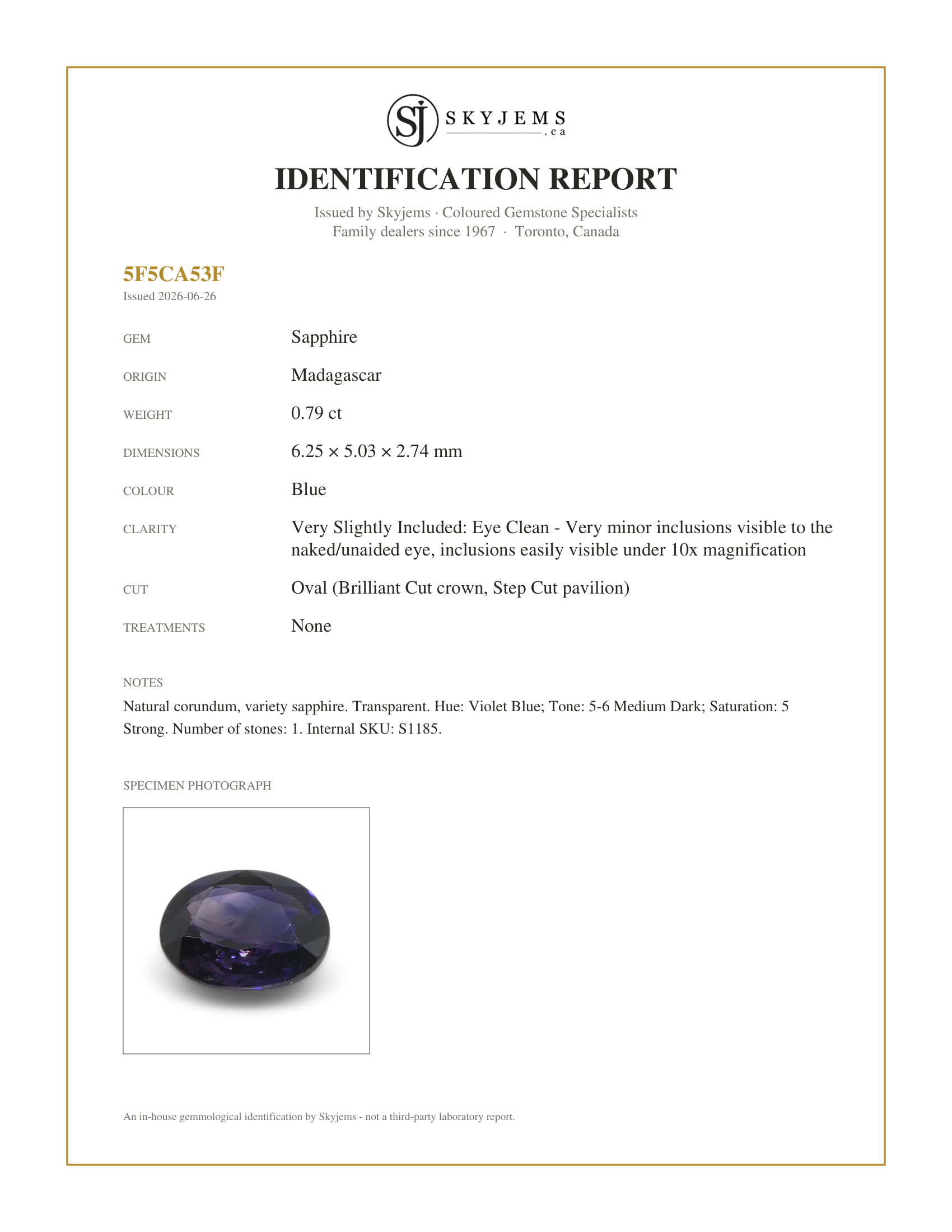 Skyjems Identification Report for S1185 — 0.79ct Oval Blue Sapphire from Madagascar, Unheated