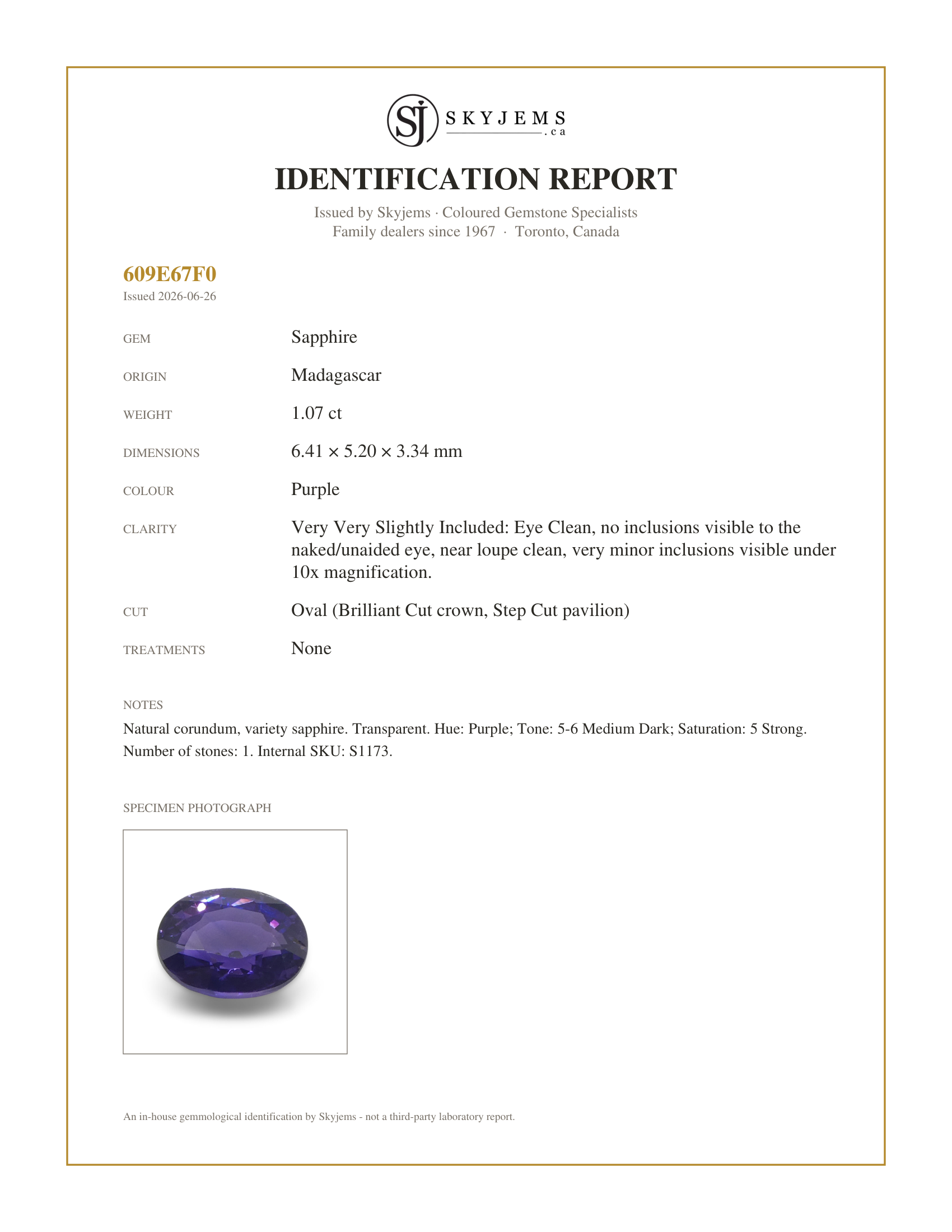 Skyjems Identification Report for S1173 — 1.07ct Oval Purple Sapphire from Madagascar, Unheated