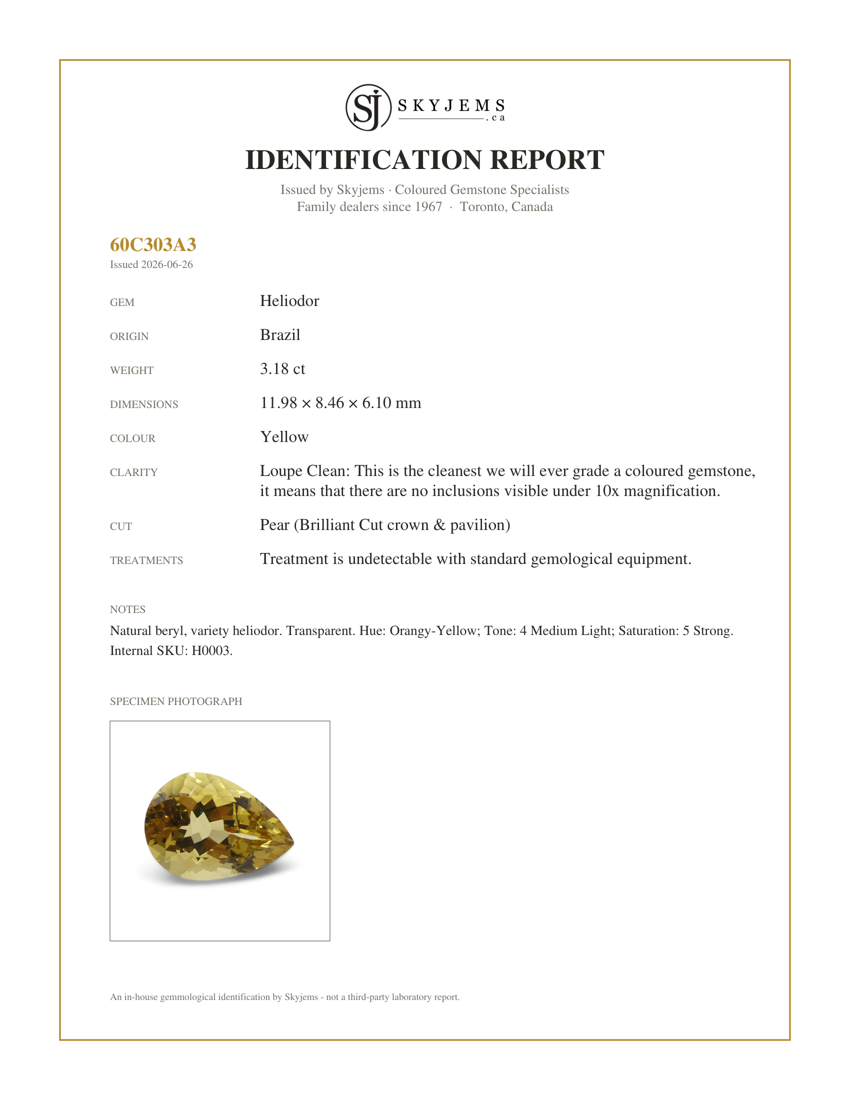 Skyjems Identification Report for H0003 — 3.18ct Pear Heliodor, Golden Yellow Beryl