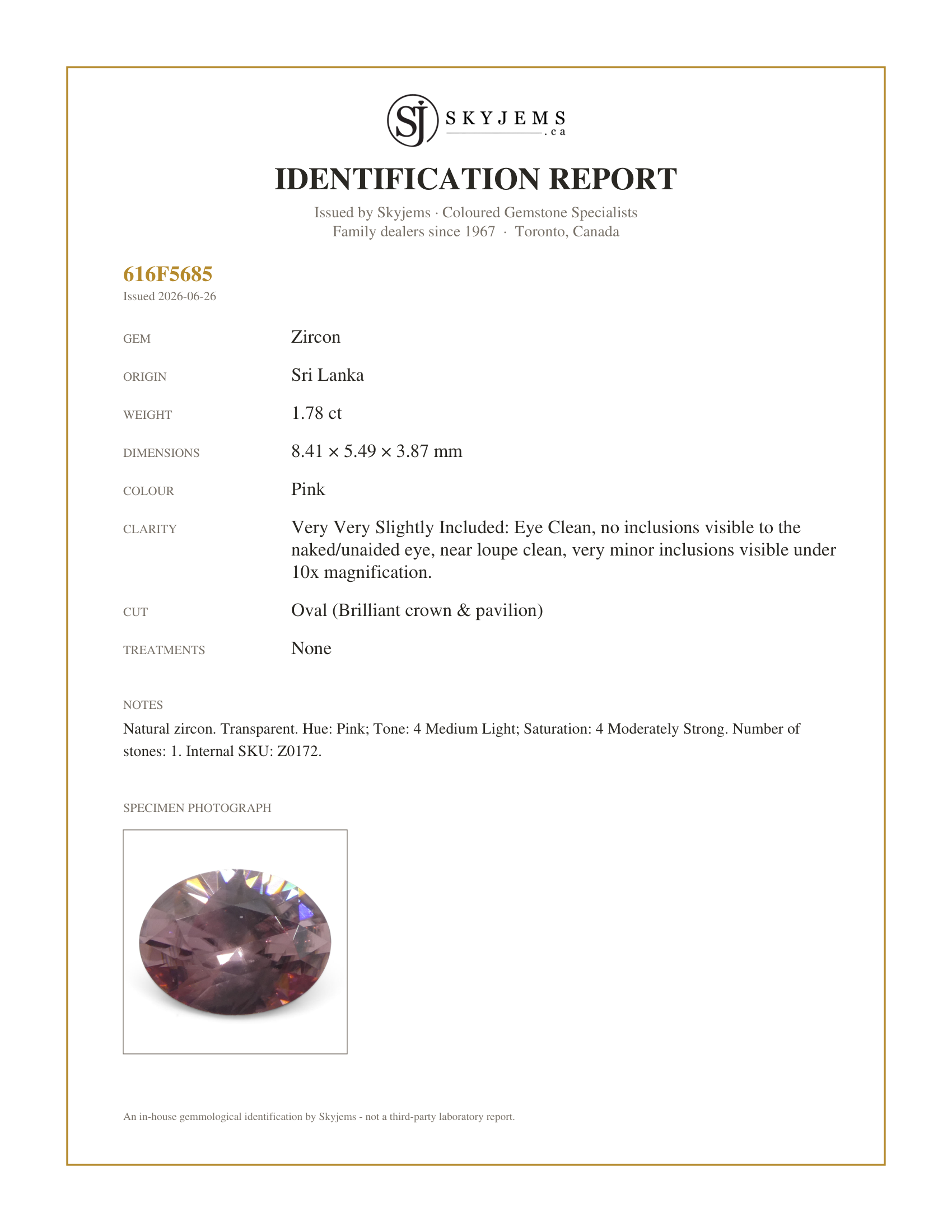Skyjems Identification Report for Z0172 — 1.78ct Natural Earth Mined Oval Master Brilliant Cut Pink Zircon from Sri Lanka
