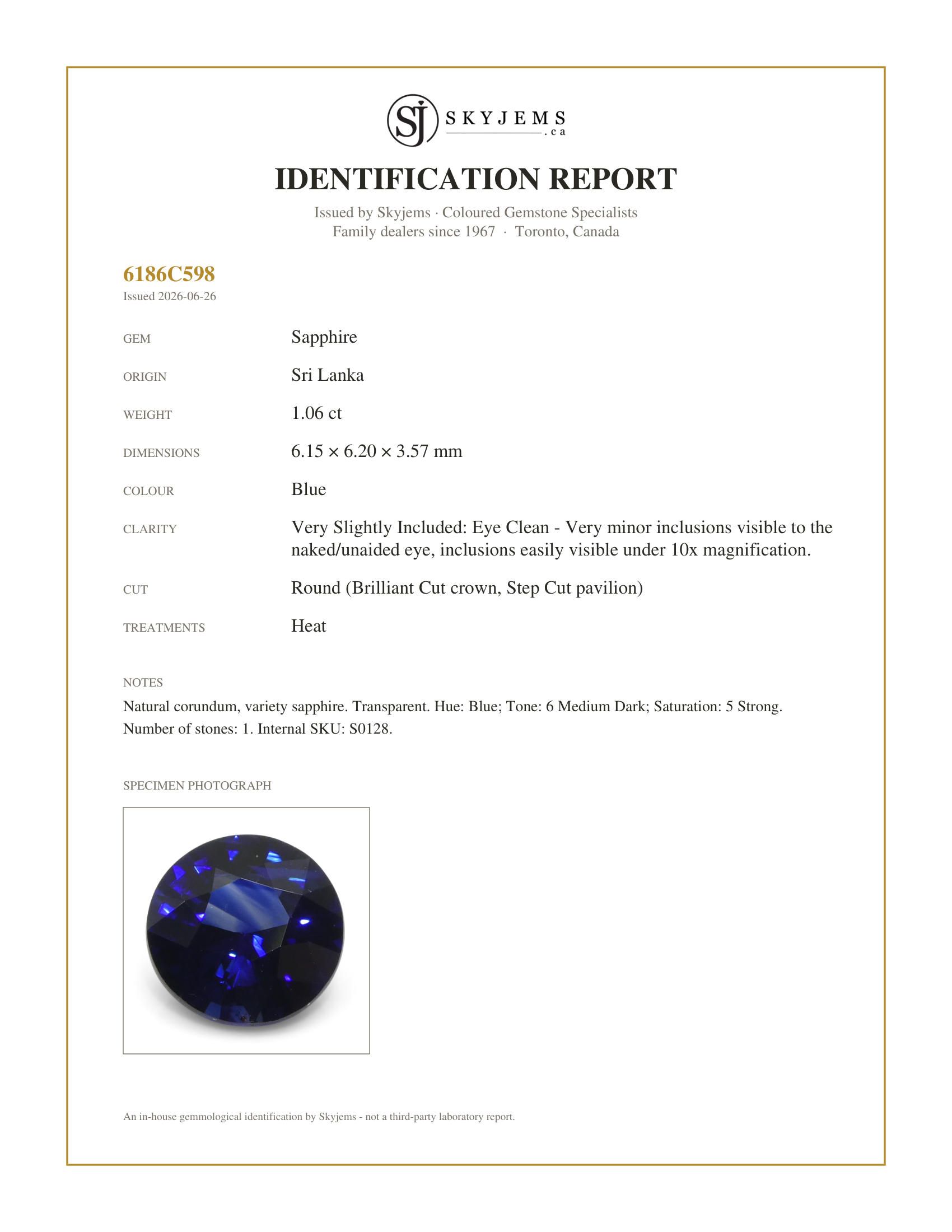 Skyjems Identification Report for S0128 — 1.06ct Round Blue Sapphire from Sri Lanka