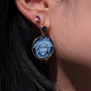 Black Agate Medusa Cameo Earrings with Rose Cut Black Diamonds set in 14k Yellow Gold - Skyjems Wholesale Gemstones