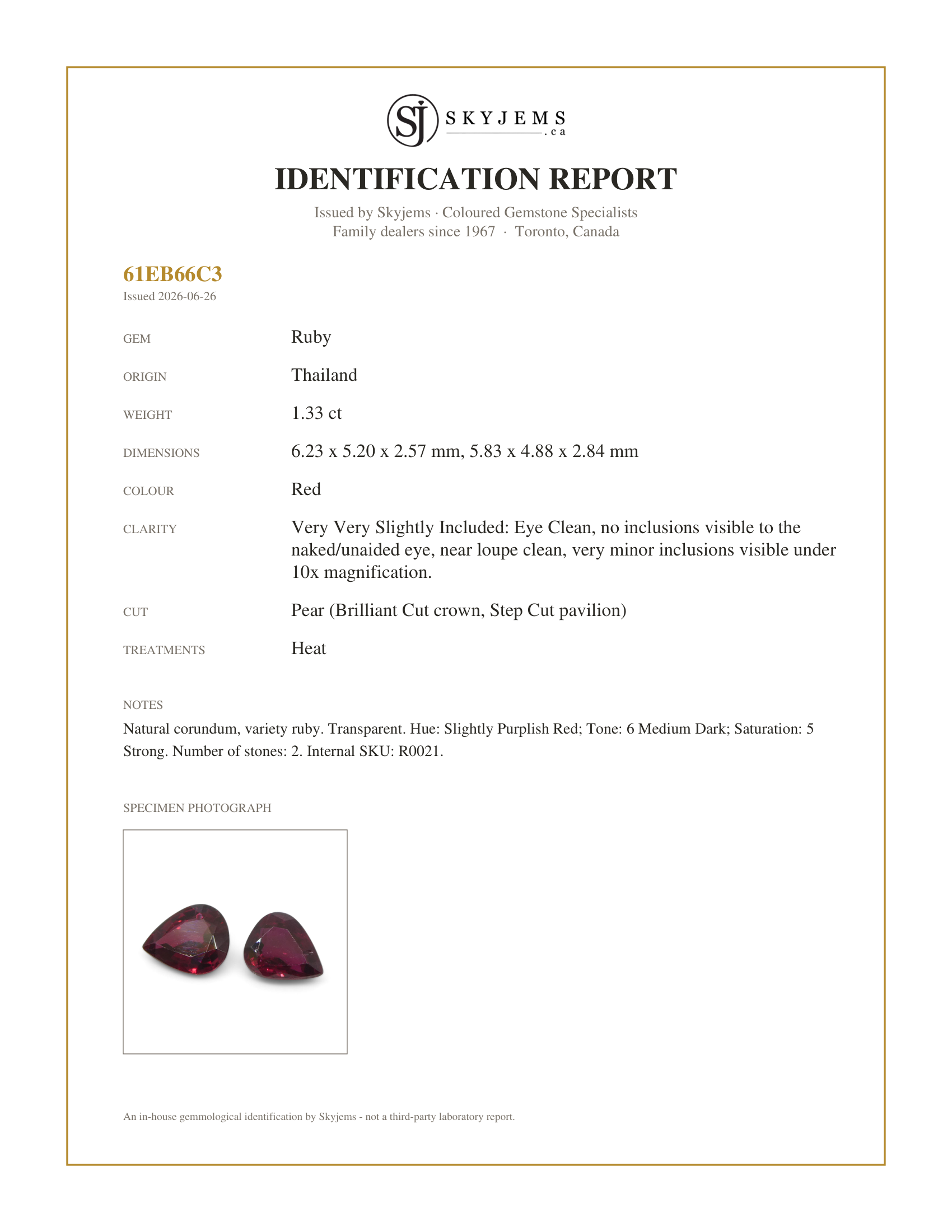 Skyjems Identification Report for R0021 — 1.33ct Pear Red Ruby from Thailand Pair