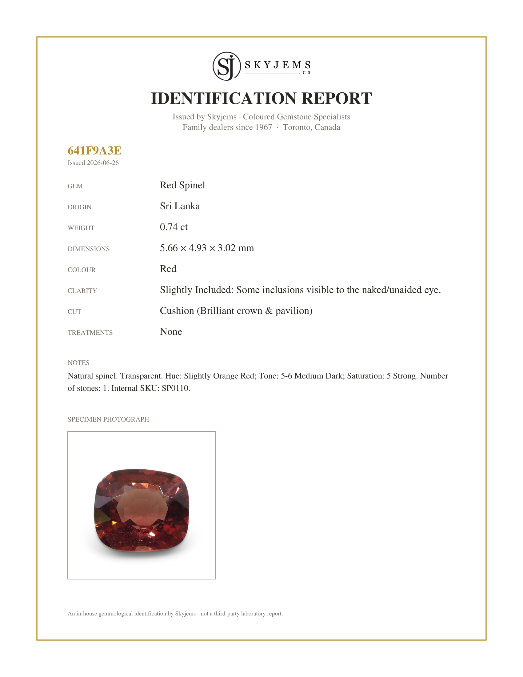 0.74ct Cushion Red Red Spinel from Sri Lanka