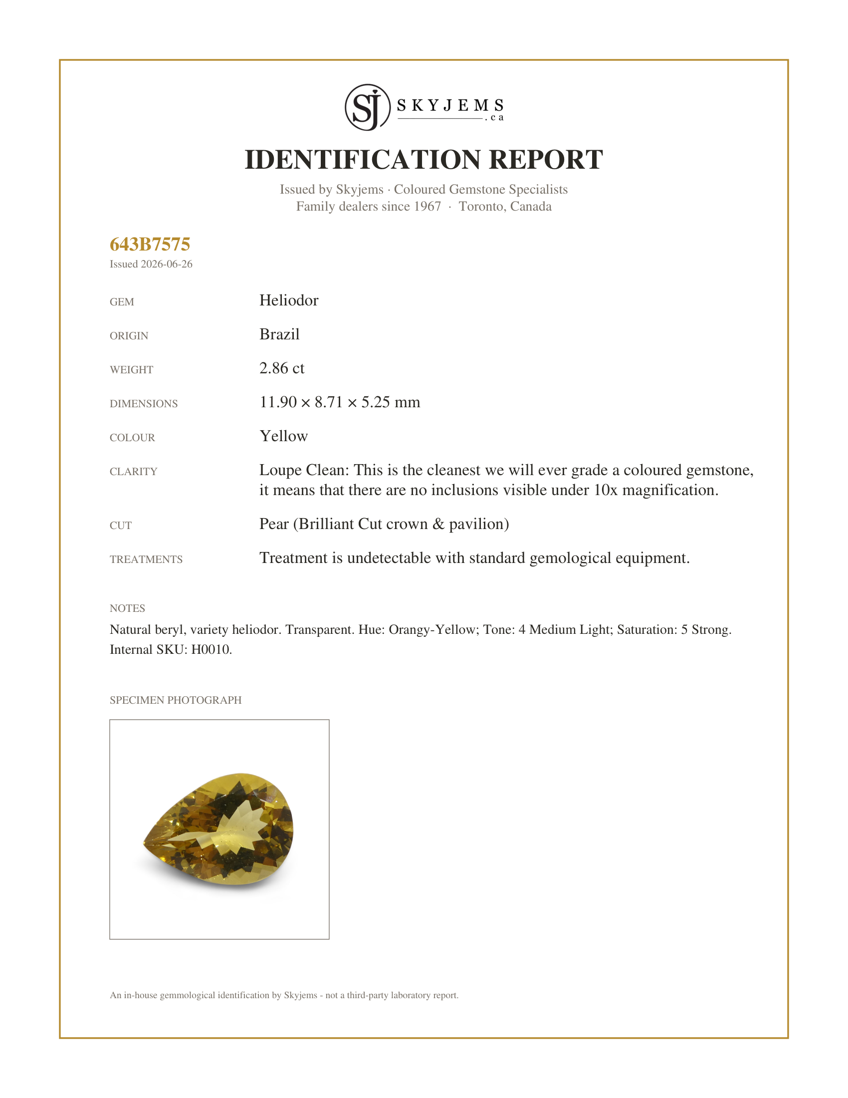 Skyjems Identification Report for H0010 — 2.86ct Pear Heliodor, Golden Yellow Beryl