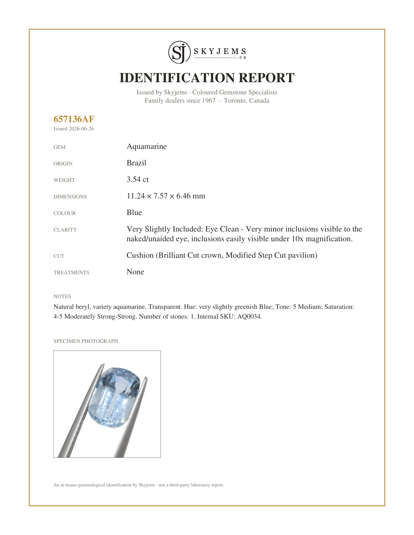Skyjems Identification Report for AQ0034 — 3.54ct Cushion Blue Aquamarine from Brazil