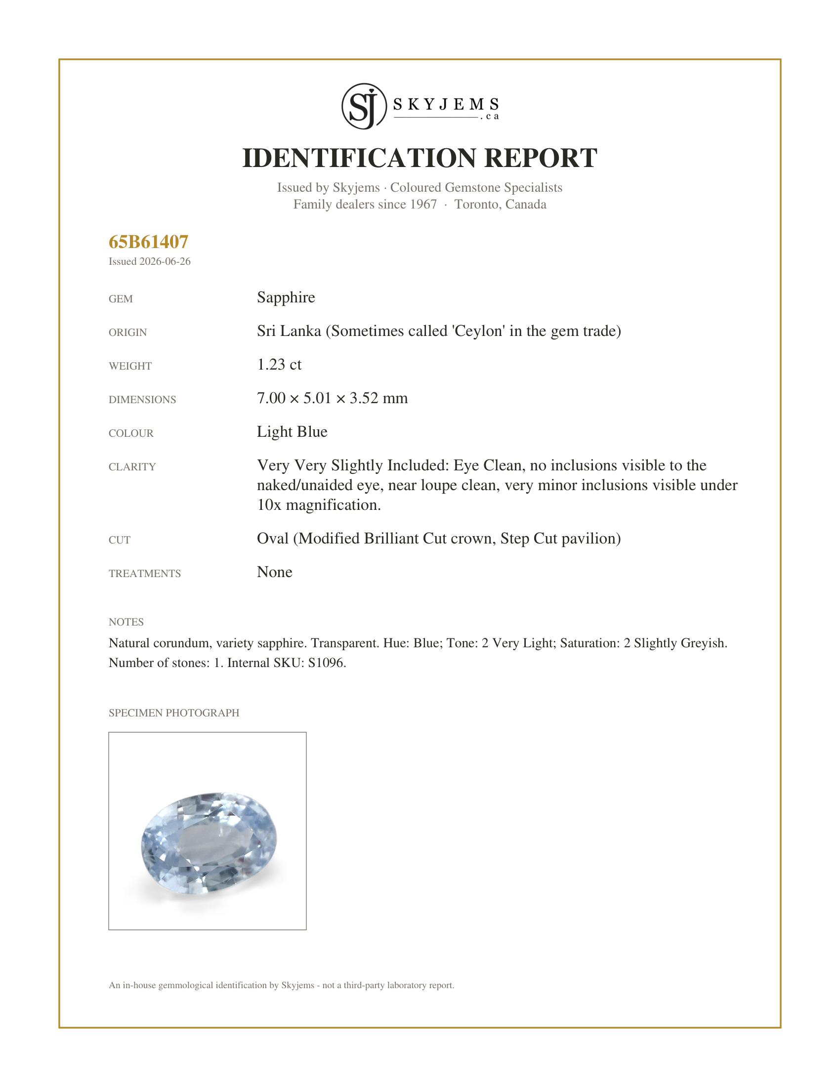 Skyjems Identification Report for S1096 — 1.23ct Oval Icy Blue Sapphire from Sri Lanka Unheated