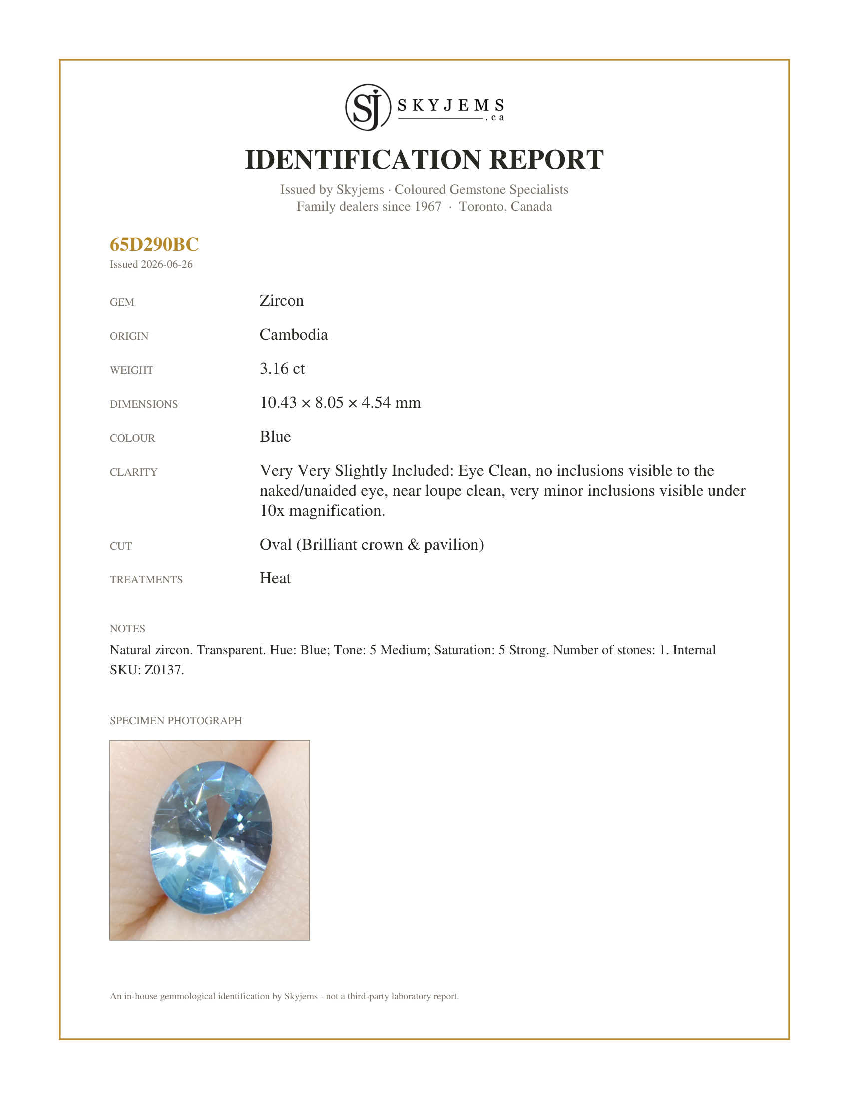 Skyjems Identification Report for Z0137 — 3.16ct Natural Earth Mined Oval Master Brilliant Cut Blue Zircon from Cambodia