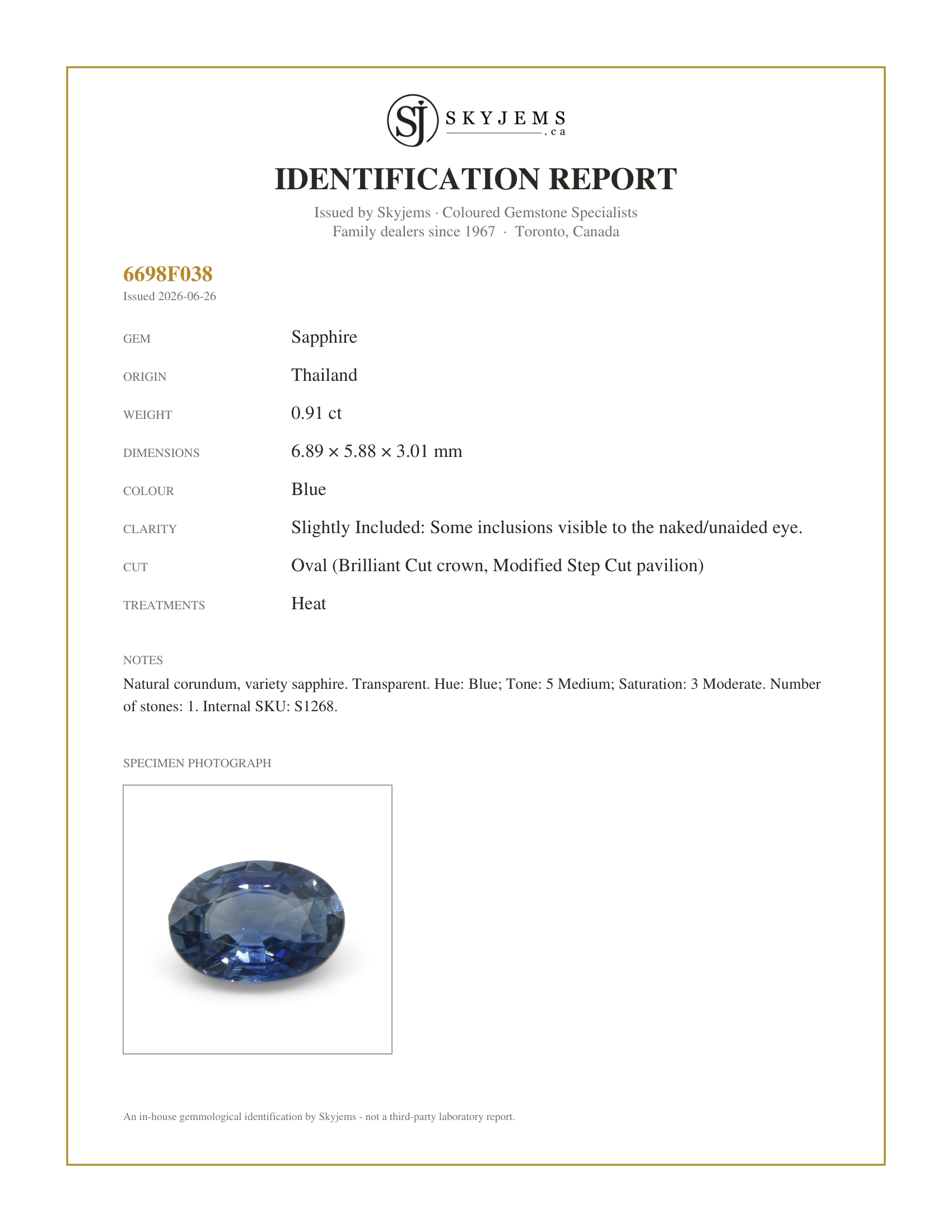 Skyjems Identification Report for S1268 — 0.91ct Oval Blue Sapphire from Thailand