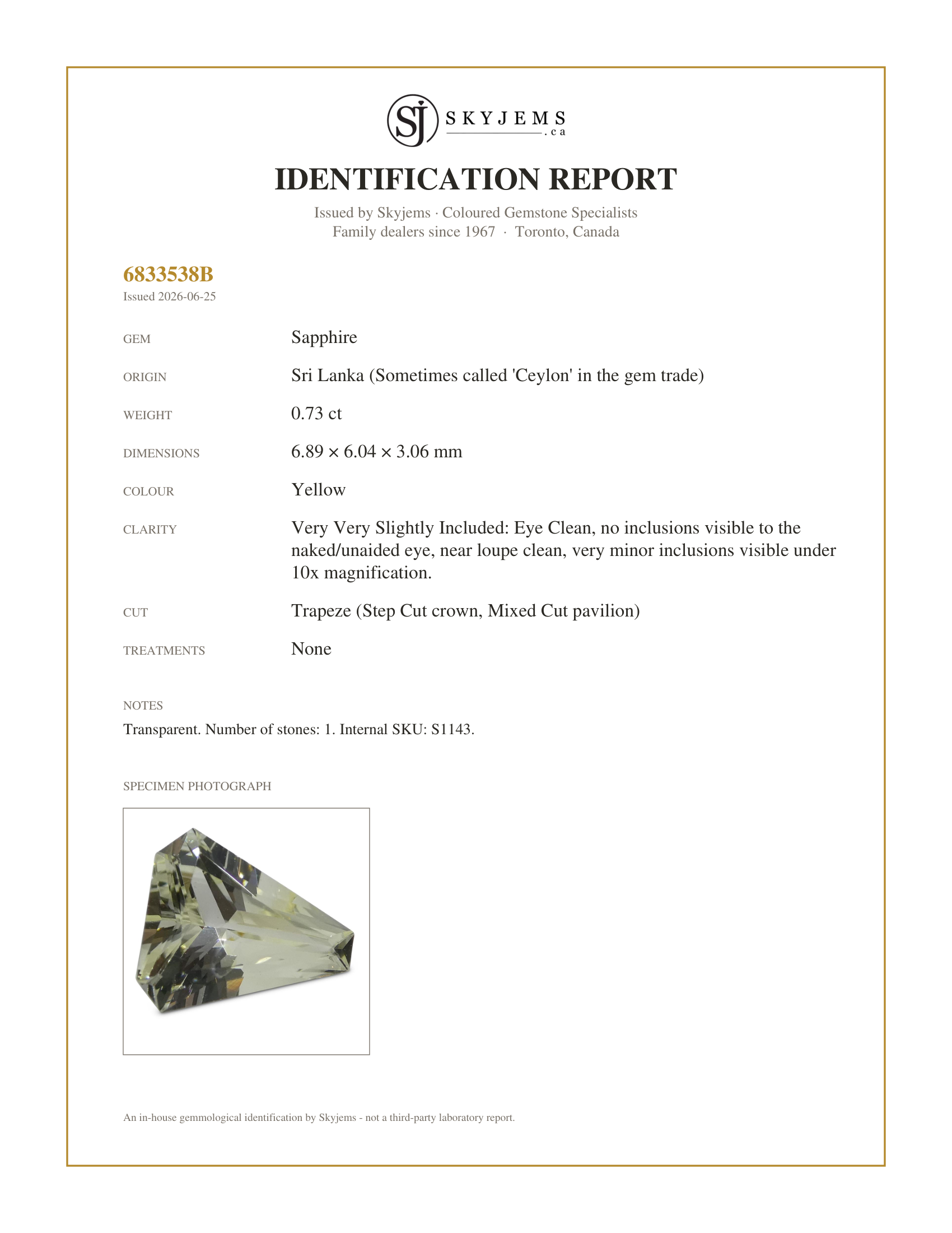 Skyjems Identification Report for S1143 — 0.73ct Trapeze Cut Yellow Sapphire