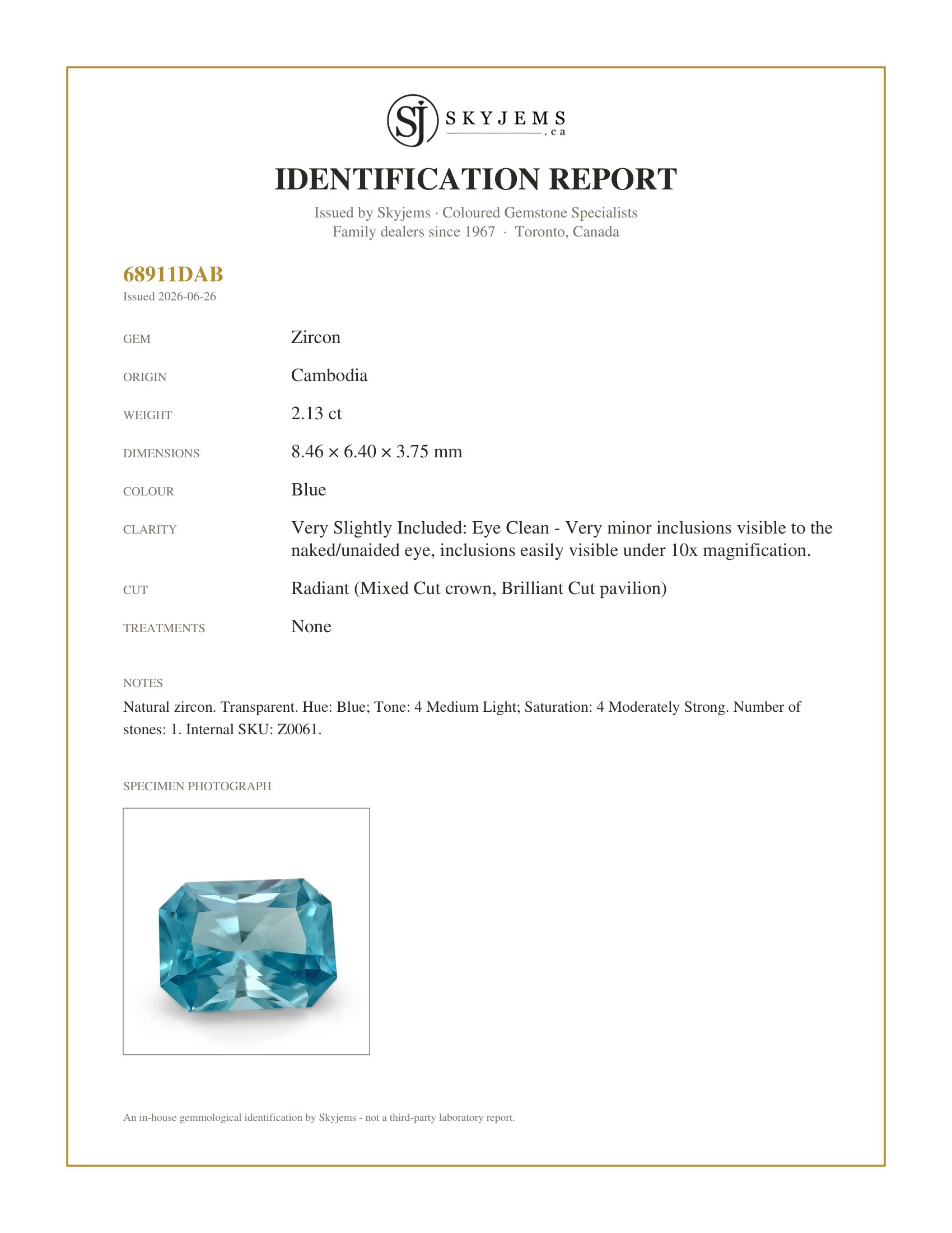 Skyjems Identification Report for Z0061 — 2.13ct Radiant Master Cut Blue Zircon from Cambodia