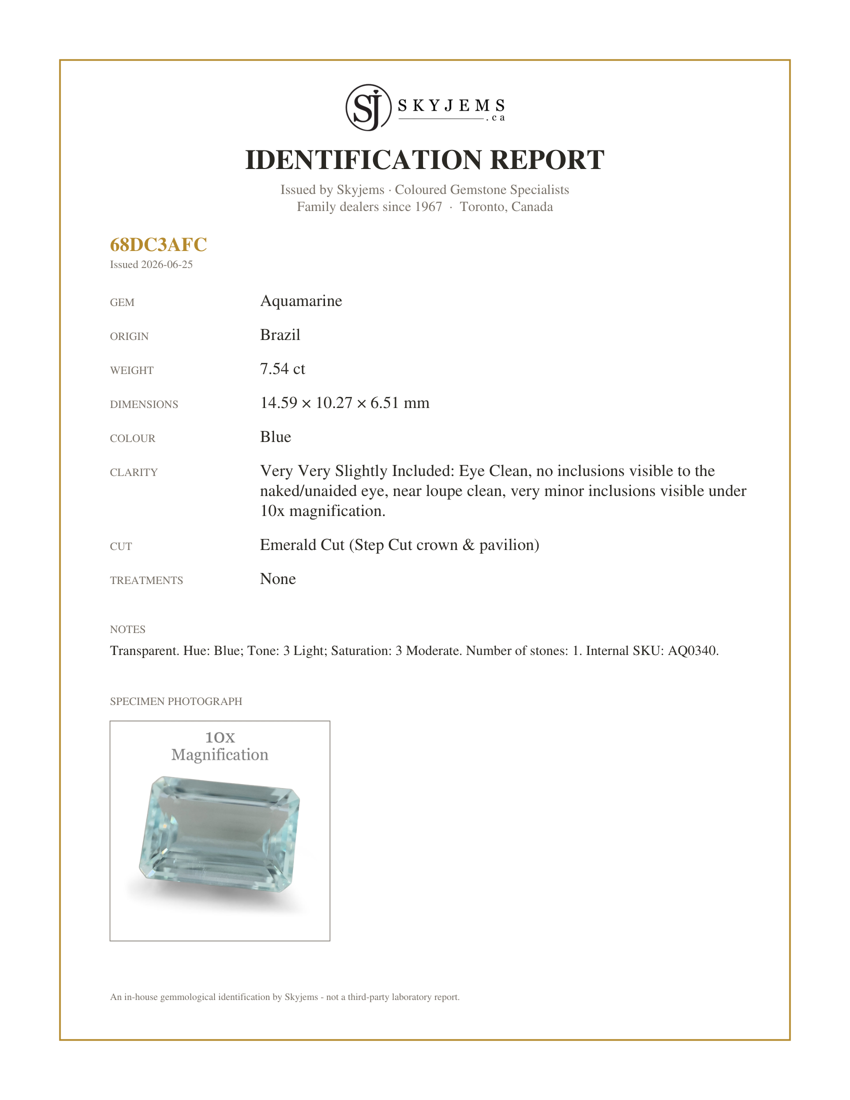 Skyjems Identification Report for AQ0340 — 7.54ct Emerald Cut Aquamarine
